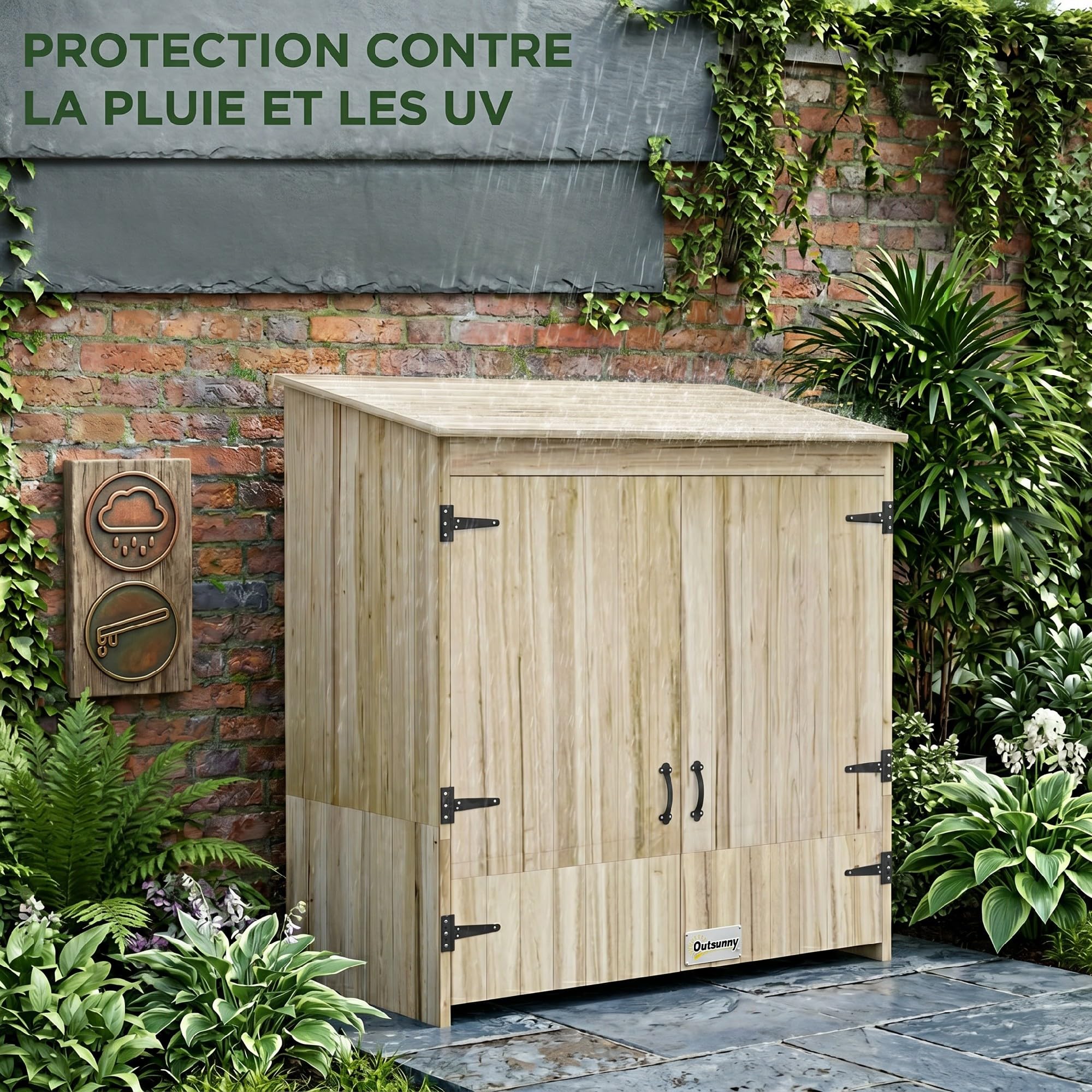 Outsunny Armoire de Jardin en Bois avec 2 Portes magnétiques, 2 étagères et Compartiment Droit spacieux, Armoire de Rangement à Toit incliné 120 x 57 x 183 cm Bois Naturel