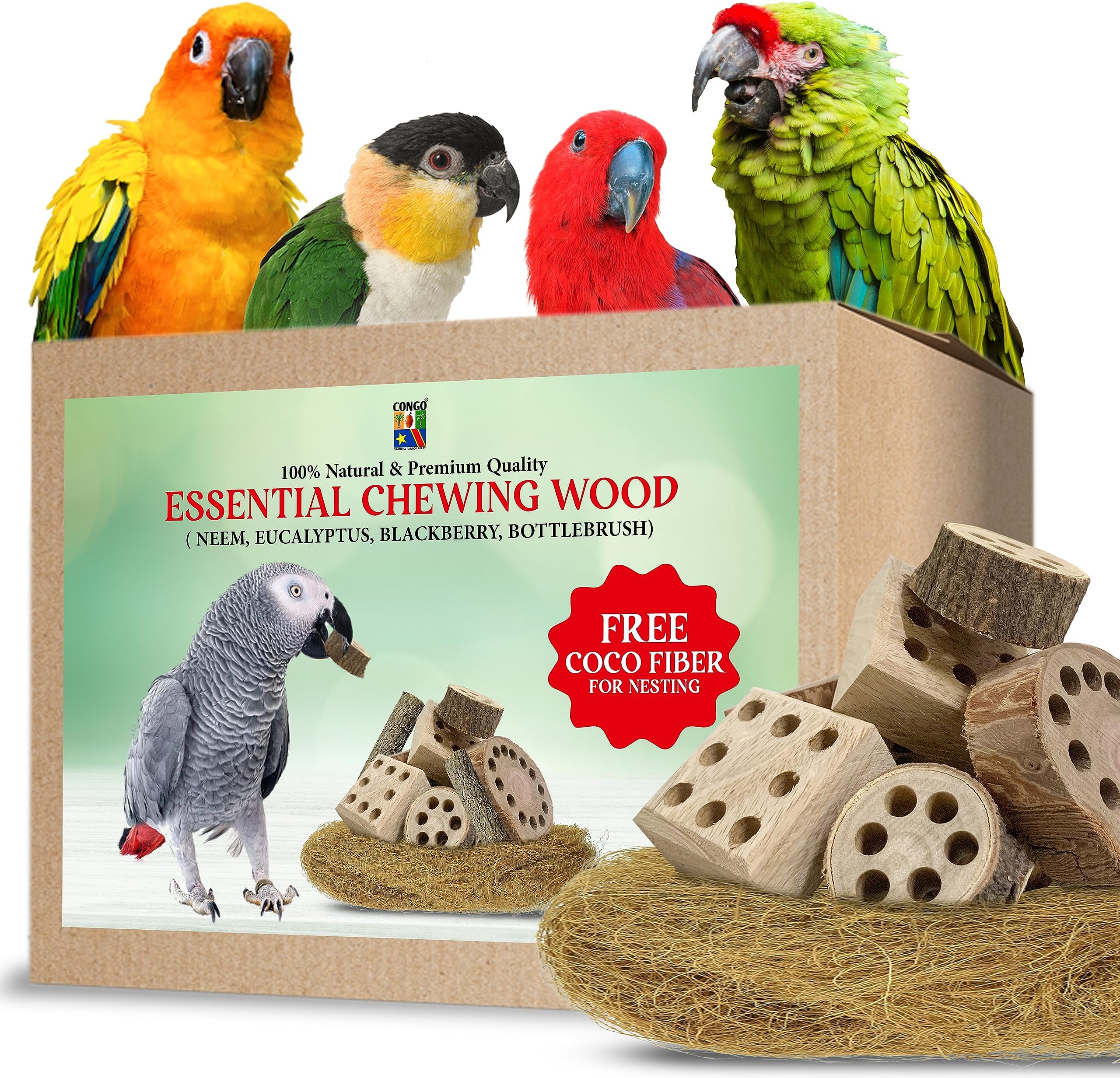 Congo Premium 8 pc. Essential Chewing Wood Toy for Conure, Senegal, Amazon, African Grey, Macaw, Cockatoo And Other Birds (Piece of 8)