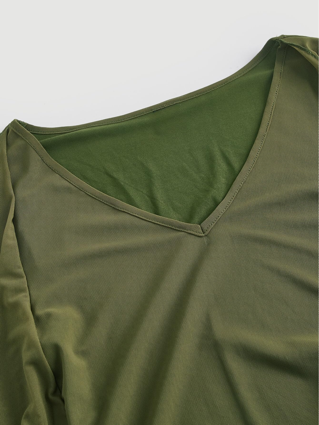 Verdusa Women's Y2k Bell Sleeve V Neck Mesh Going Out Crop Top 2000s Whimsical Clothes: Small Army Green