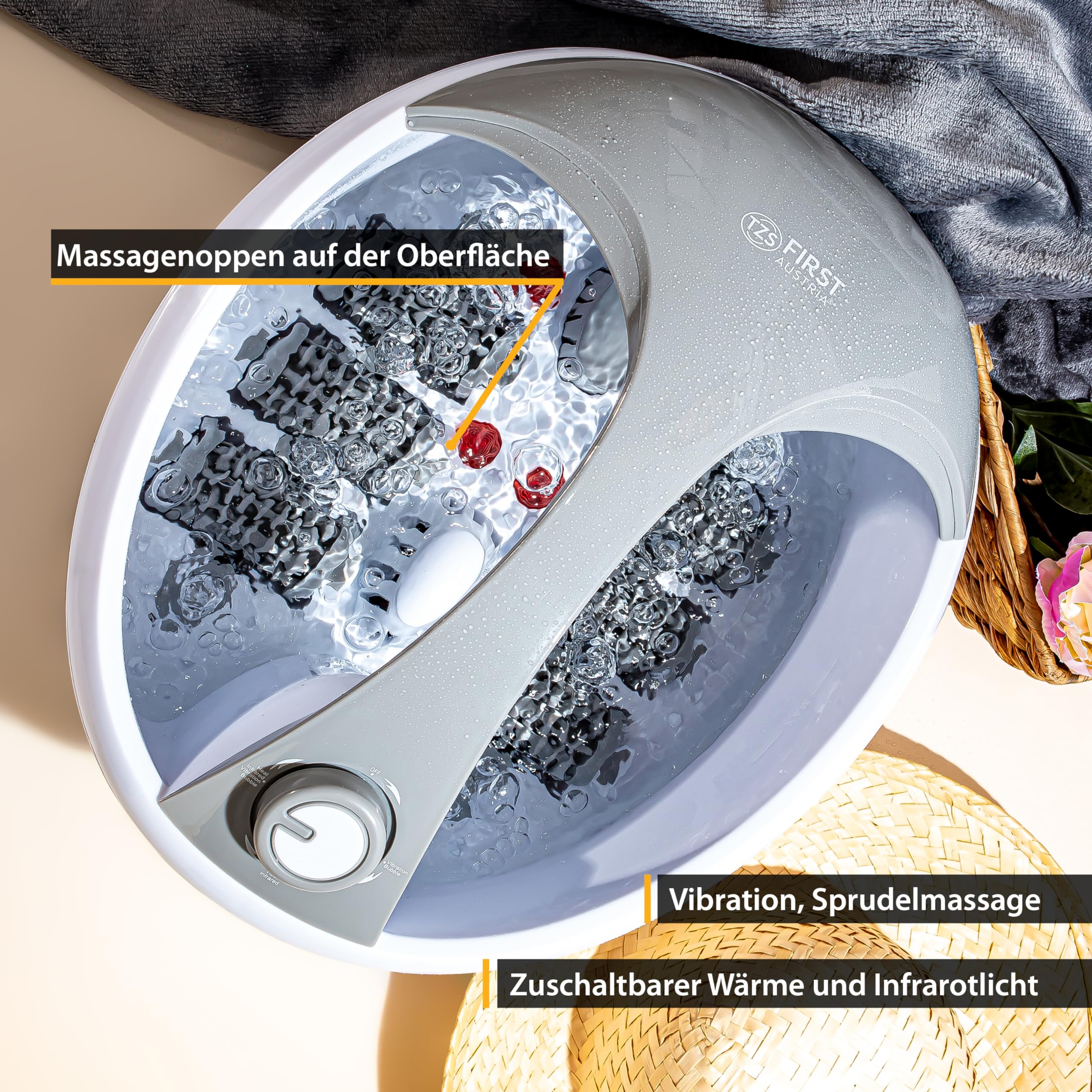 TZS First Austria - Fußbad mit Massagefunktion - 450W - 3 Einstellungen & 6 Massagerollen - Elektrisches Fußsprudelbad mit Heizfunktion - Griff & Aromabox