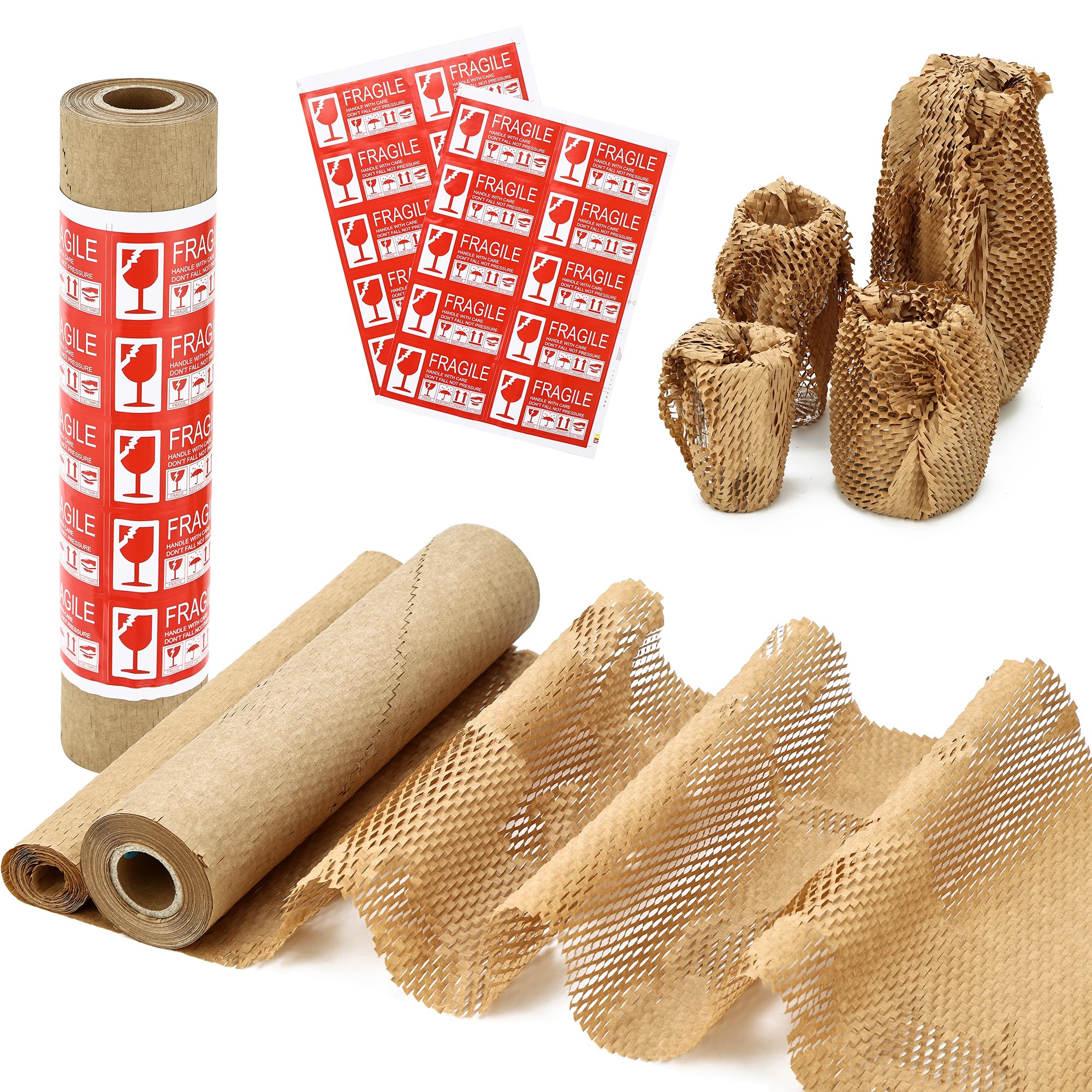 XKDOUS15" x 100' Honeycomb Packing Paper, Packaging Supplies Materials for Fragile Items, Bubble Wrap for Moving Shipping Supplies, Package Filler for Dish, Glassware, 20 Fragile Stickers Included