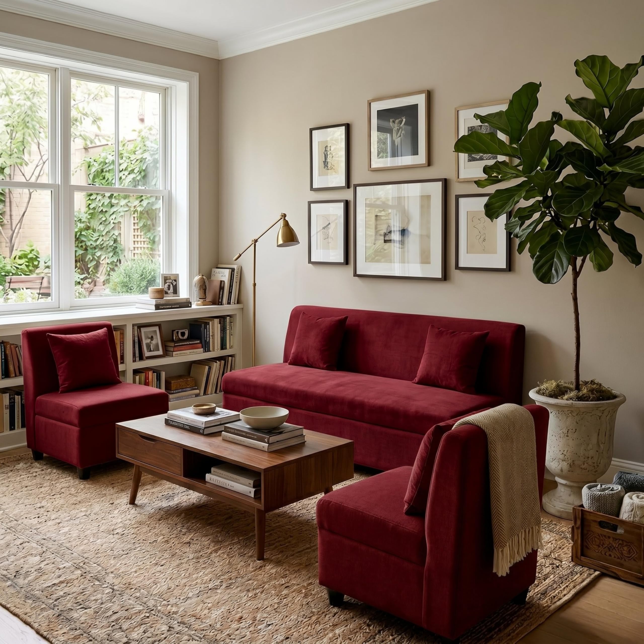 5 Seater Velvet Sofa Set with 2 Accent Chairs | Wood 3+1+1 Sofa Set 5 Seater | Wooden Frame Sofa Set with 3 Seater & 2 Single Chairs for Living Room, Home & Office (RED)-image-14
