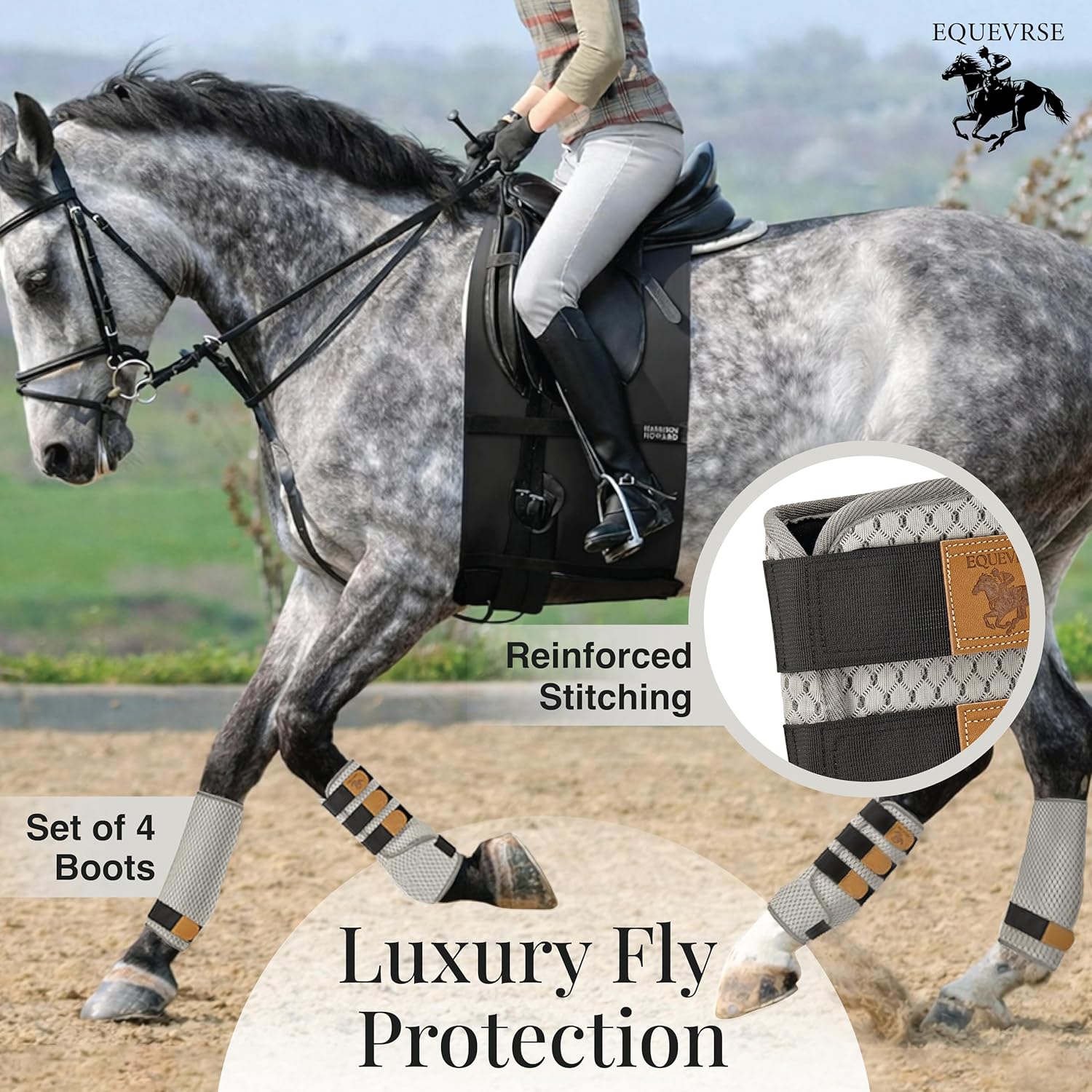 Premium Horse Fly Boots for Horses Set of 4 Protective and Comfortable Fly Boots for Large Breeds Soft Polyester Bamboo Lining Adjustable Horse Leg Wraps (4 Pack)