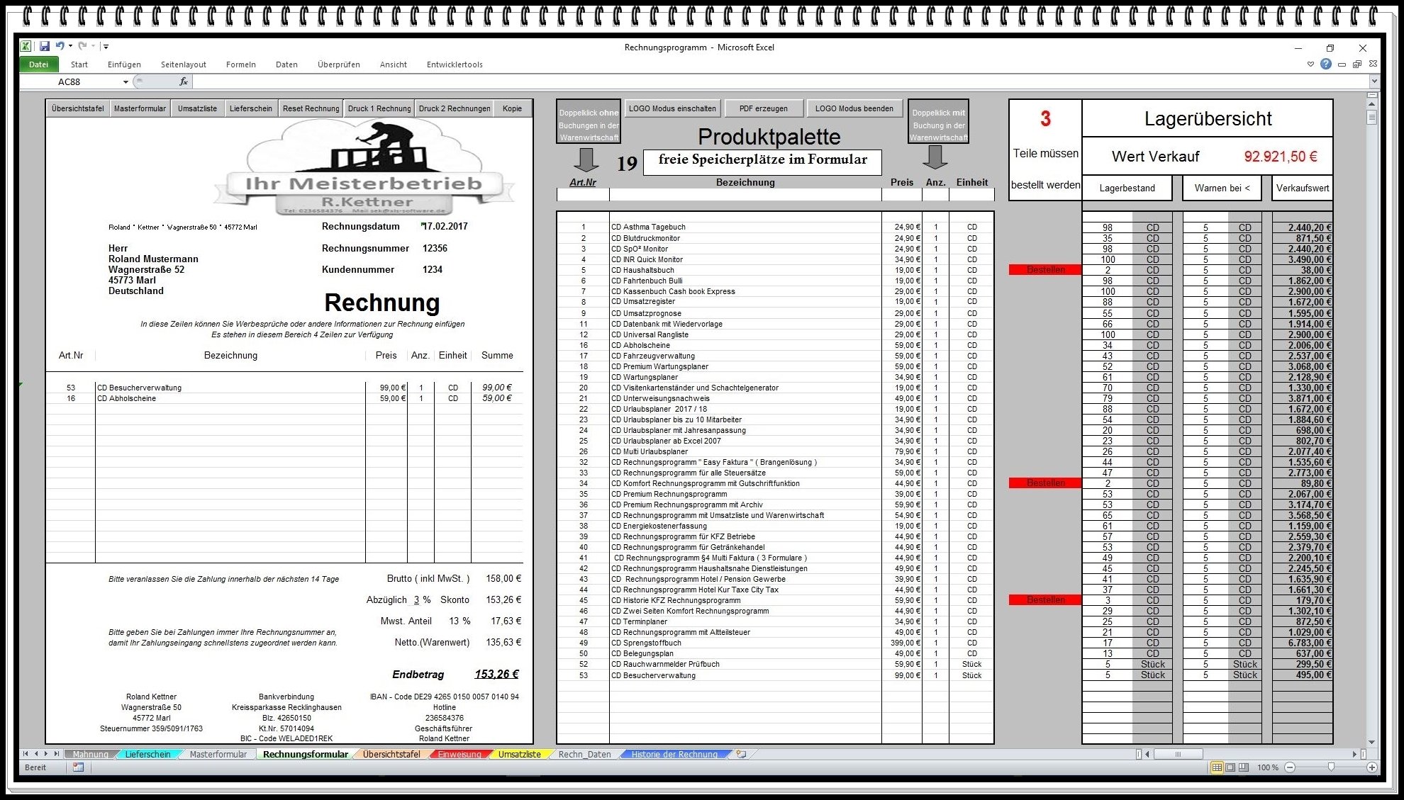 Rechnungsprogramm mit Lagerhaltung, Kundendatenbank, PDF Versand für Kleinunternehmer
