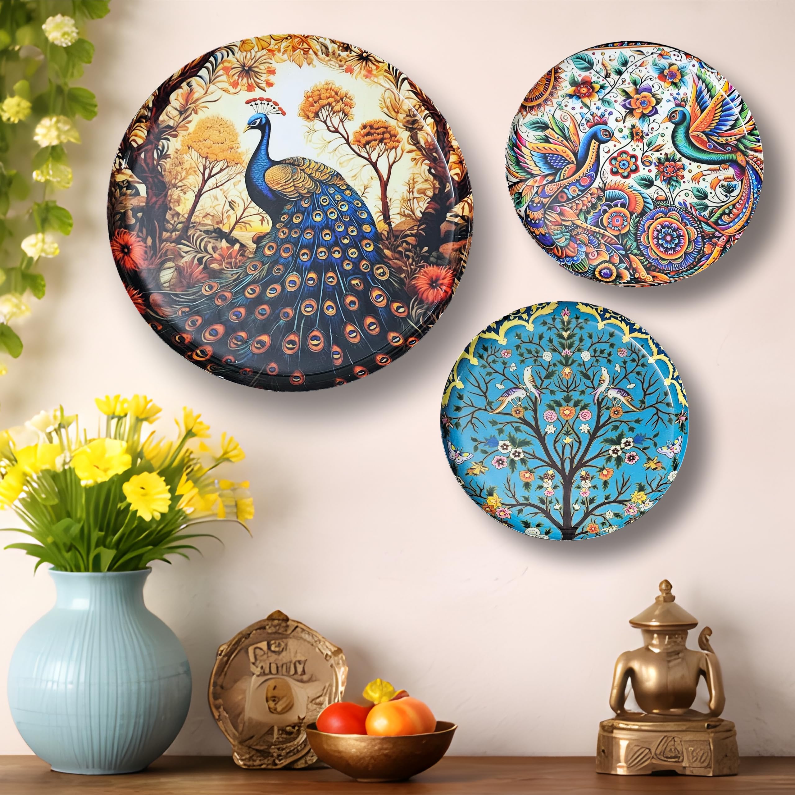 Noblenest 3 Pcs Madhubani Metal Wall Plates 12, 10, 8 Inch, Wall Decoration Items For Living Room, Bedroom, Office | Wall Decor, Gift Items, Wall Hanging Decorations (Madhubani 1)
