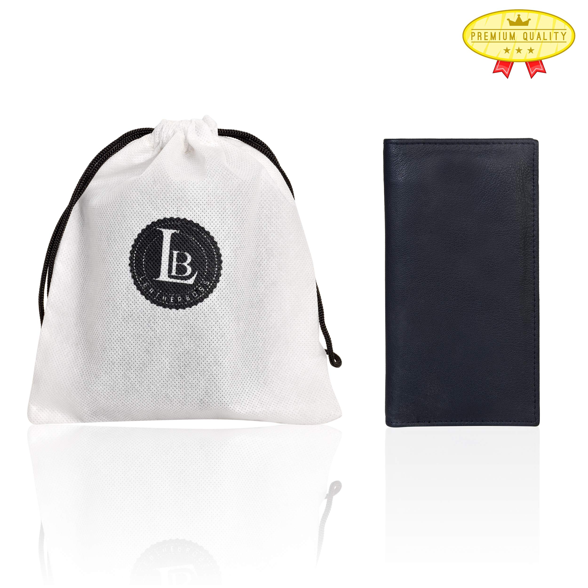 Leatherboss Genuine Leather Slim Checkbook Cover Holder for men women, Black