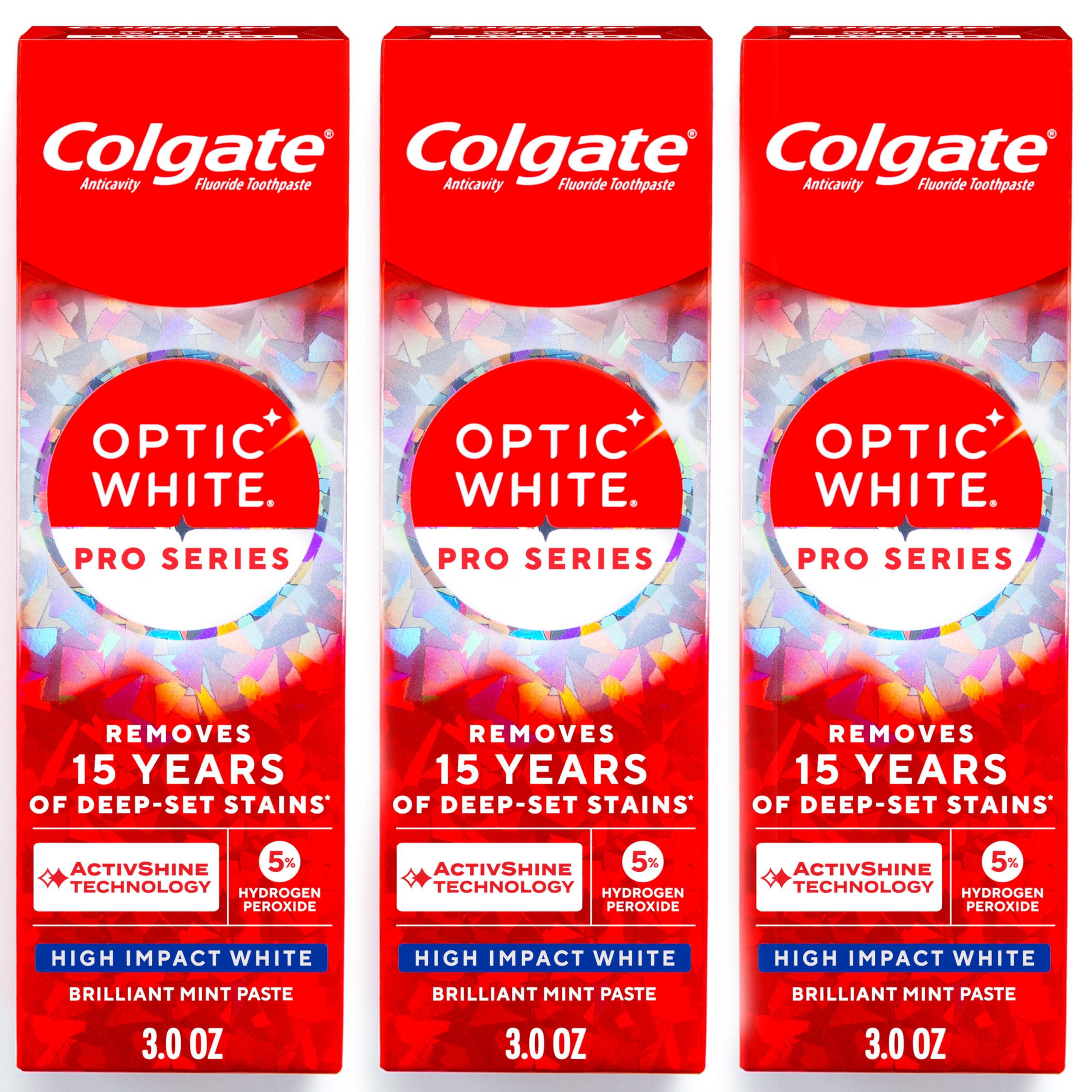 Colgate Optic White Pro Series High Impact White, 3 Pack, Teeth Whitening Toothpaste with 5% Hydrogen Peroxide and ActivShine, Brilliant Mint Flavor, 3.0 OZ
