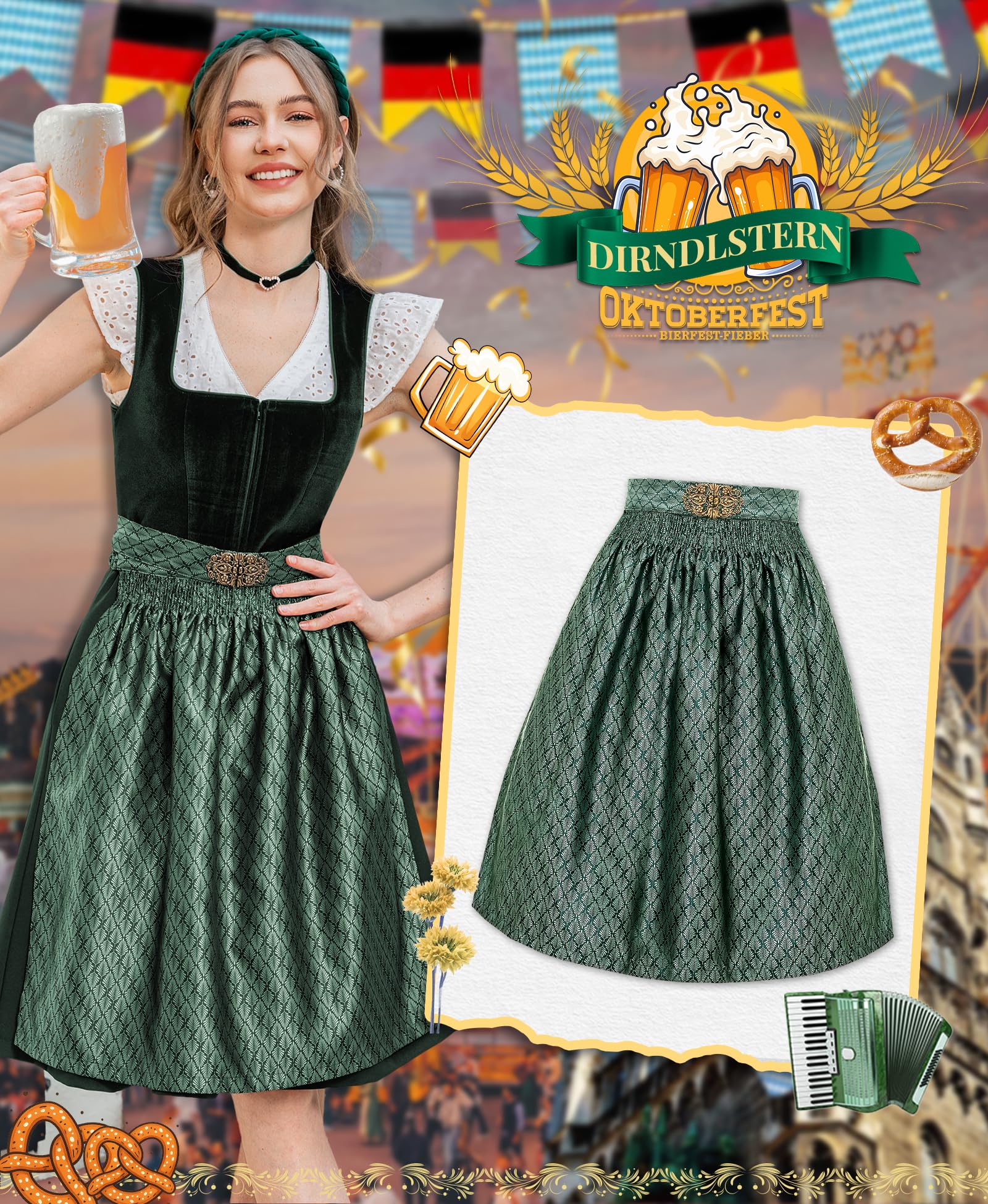 DIRNDLSTERN Schürze Damen Midi Dirndlschürze - Dirndlschürzen Trachtenschürze Mit Schnalle Oktoberfest Outfit