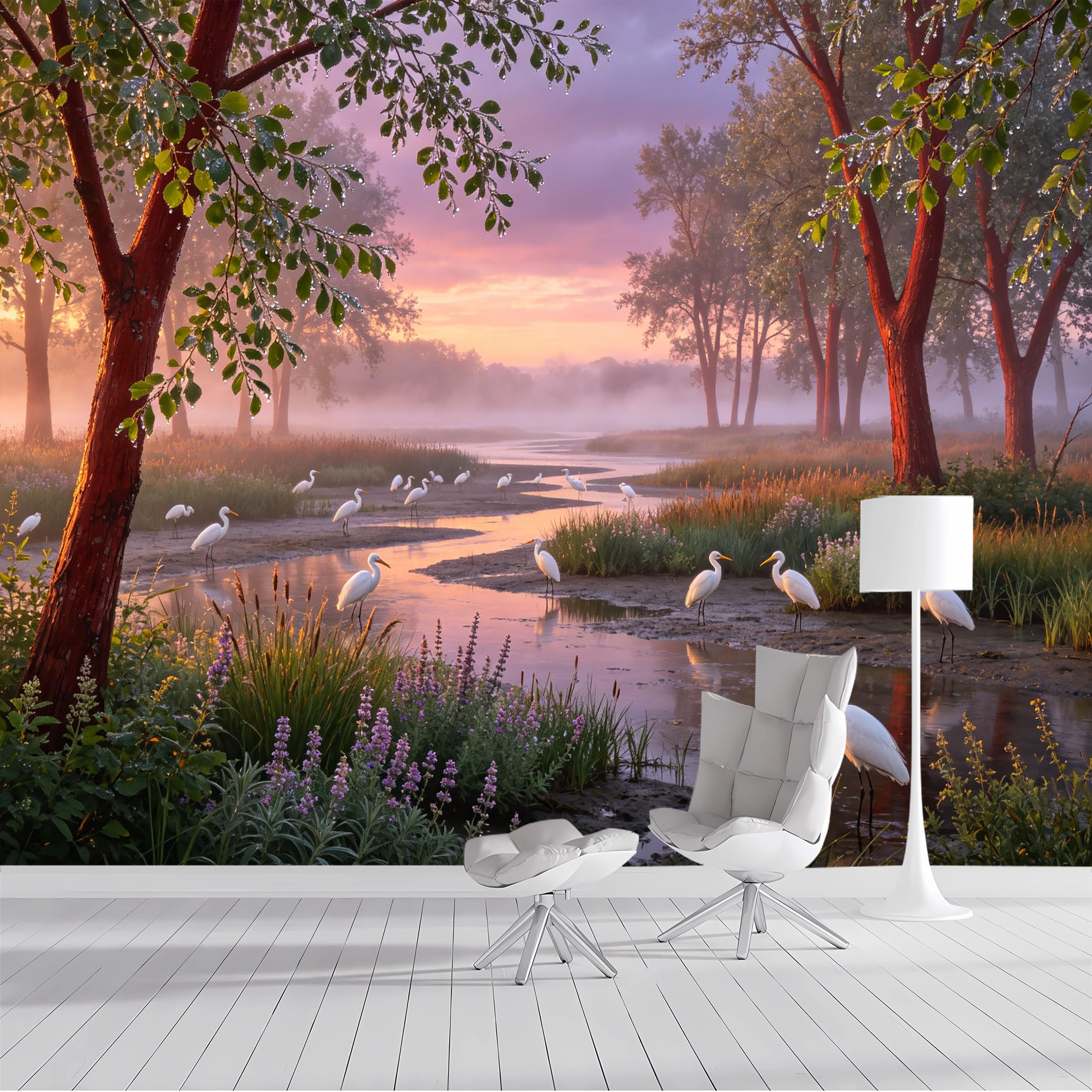 Custom Size Wall Mural Egrets River Dawn Landscape Watercolor SelfAdhesive Wall Fabric Removable Peel and Stick Wallpaper Wall Decor for Living Room Bedroom Bathroom