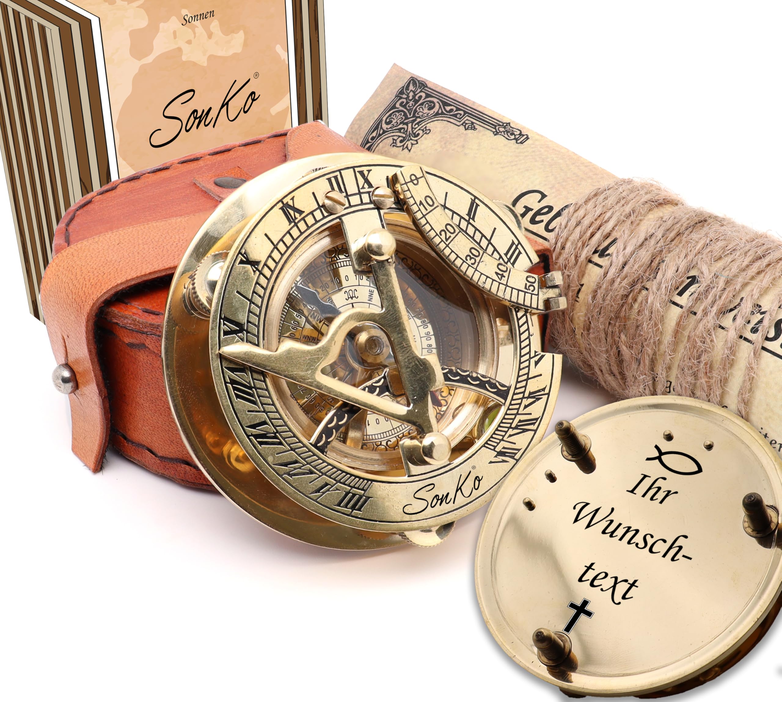 SonKo® Kompass mit Gravur Kompass personalisiert – Antik Optik nautischer funktionsfähige Maritime Deko aus Messing. Konfirmation Geschenk Kommunion