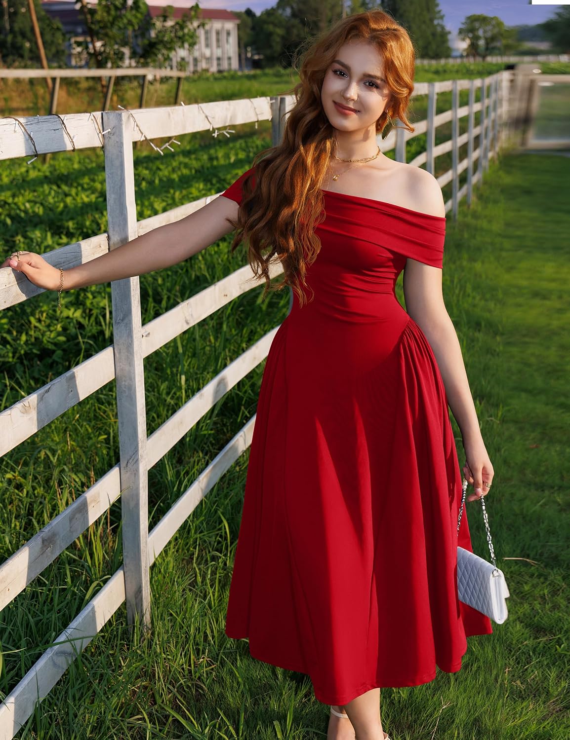 YMDUCH Women's Elegant Off Shoulder Short Sleeve A line Flowy Swing Cocktail Party Long Dress - Image 7