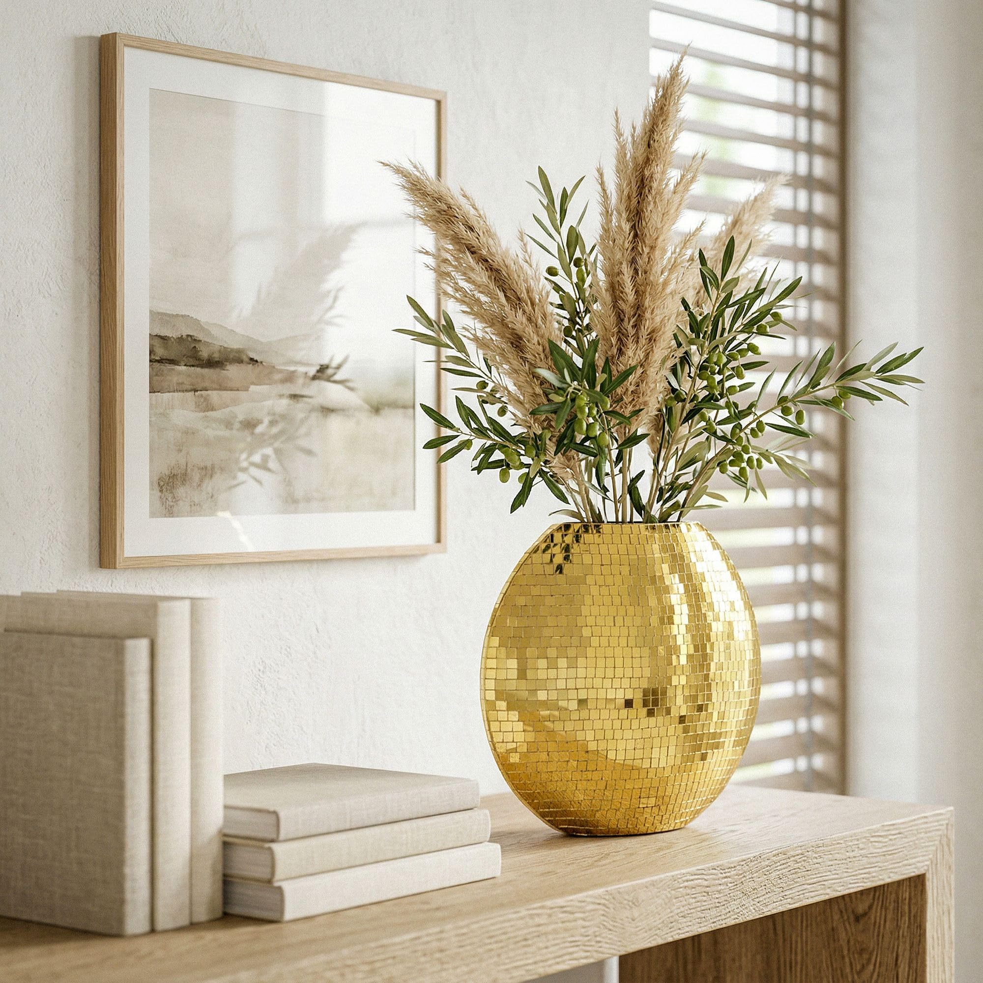 FineBuy Tischvase 40 cm Metall Gold mit Mosaik-Oberfläche | Dekovase rund und flach, Blumenvase aus Metallquadraten handgefertigt, Wohndeko für Esstisch und Sideboard