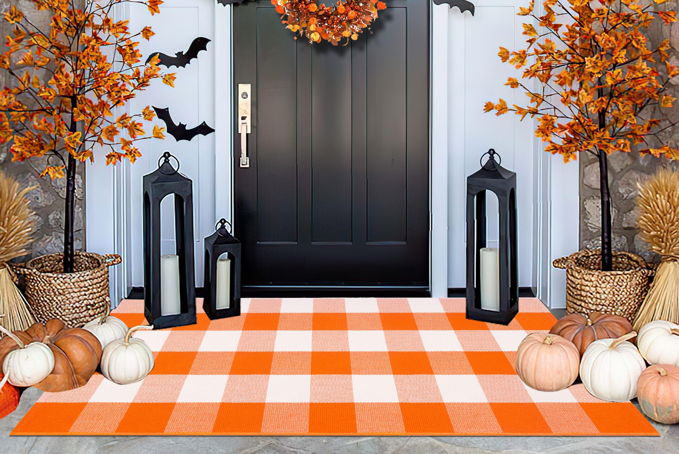 Front Porch Rug 24''x51''Orange and White Outdoor Rug Cotton Washable Fall Door Mat Outdoor for Layered Doormat Halloween Door Mat Kitchen Farmhouse Entryway
