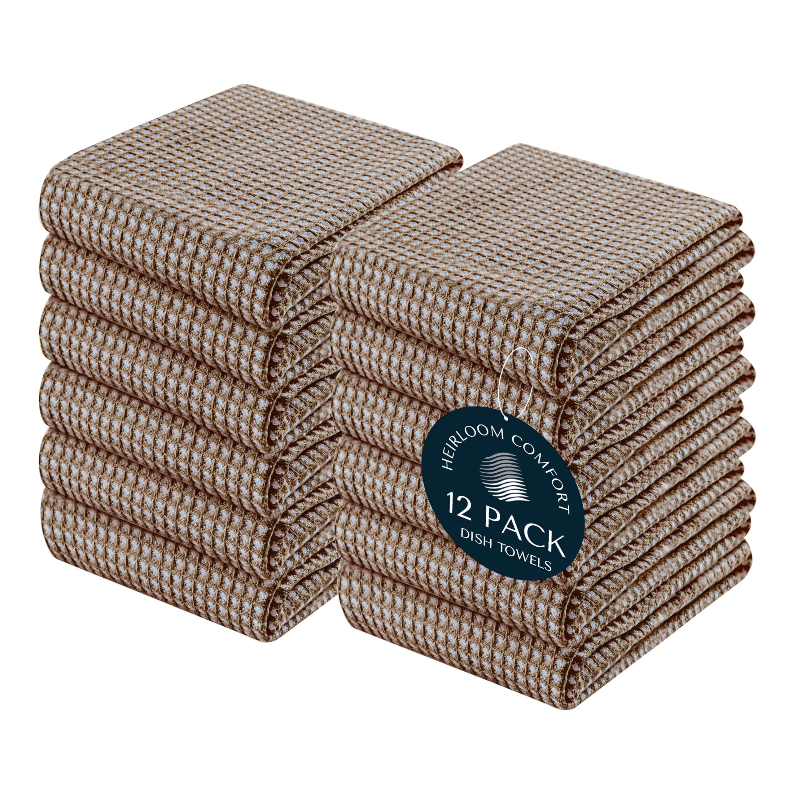HEIRLOOM COMFORT 12 Pack Dual Waffle Weave Kitchen Towels, 100% Cotton, 40x66 cm, Super Absorbent, Quick Dry Dishcloth Set with Hanging Loop, Soft for Cleaning, Drying Dishes, Hand Towels, Brown