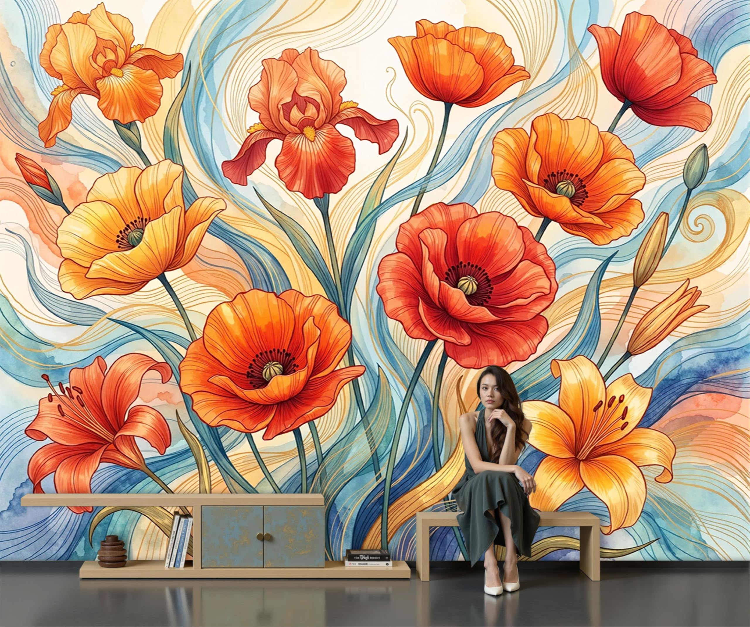 Carta da parati fotografica Fiori boemi Murale stile Linee astratte di fiori di papavero | 300x210cm (LxA) Poster grande per soggiorno camera da letto sfondo TV parete decorazione casa