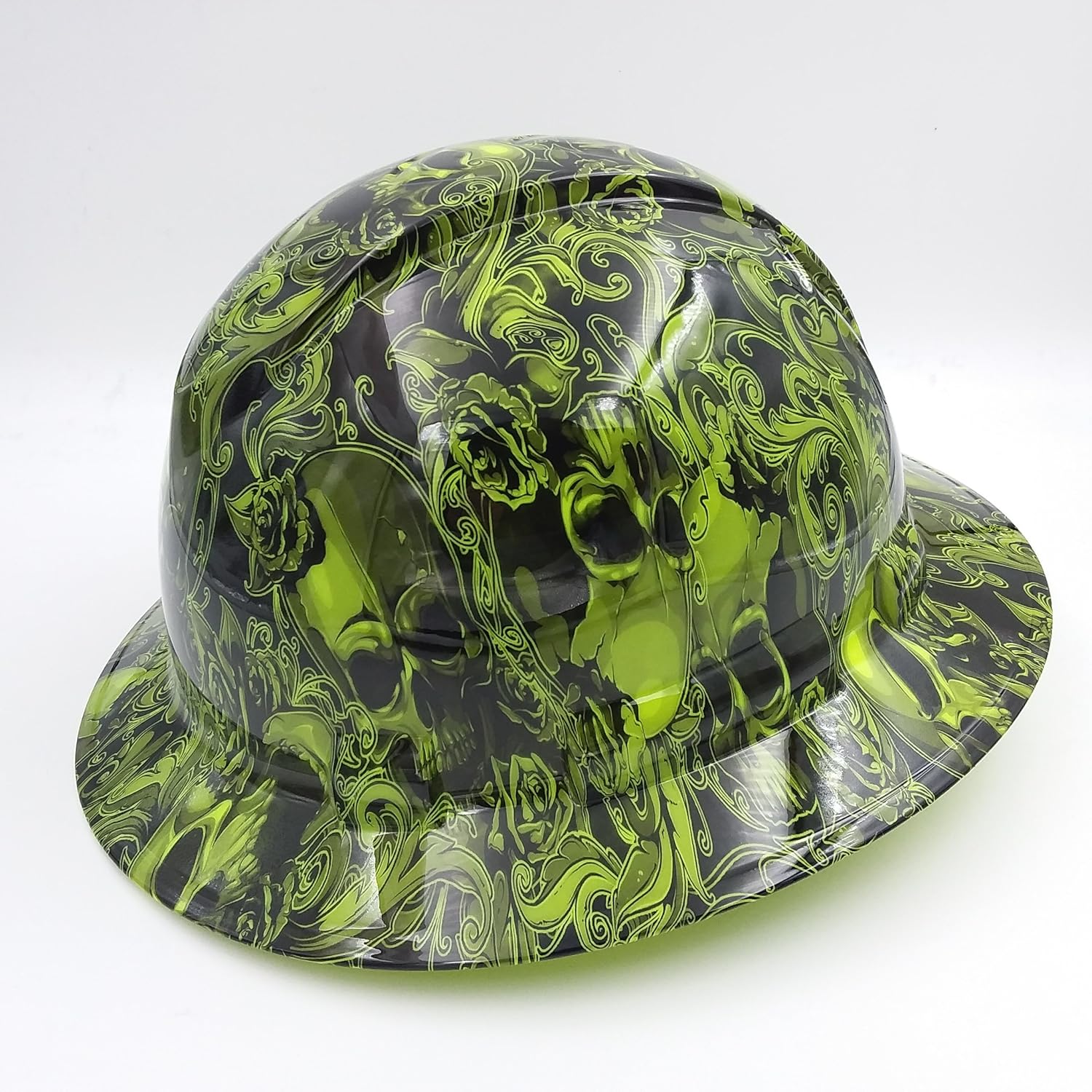 Wet Works Imaging Customized Pyramex Full Brim Green Skull and Roses Hard Hat with Ratcheting Suspension