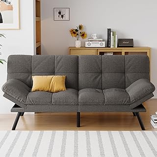 Futon Sofa Bed Convertible Couch, Grey Linen Sofa Bed with Memory Foam, ...