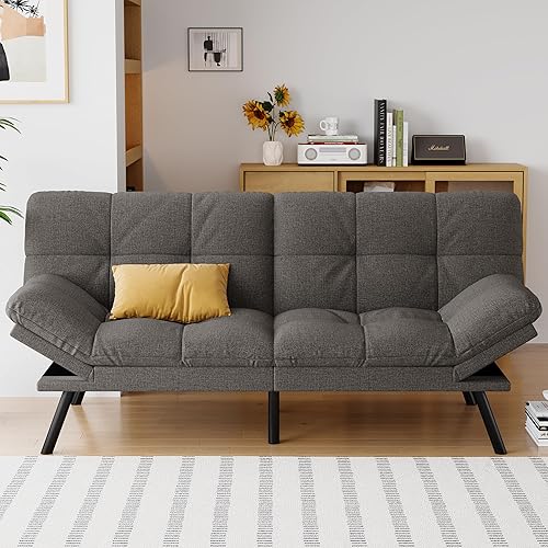 Futon Sofa Bed Convertible Couch, Grey Linen Sofa Bed with Memory Foam, Adjustable Backrest & Armrests, Multifunctional Small Loveseat Sleeper Sofa for Living Room, Apartment, Office