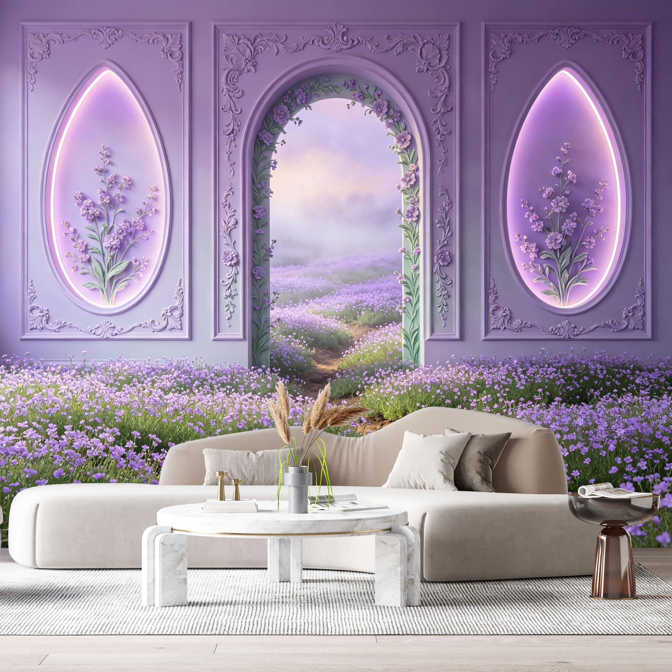 Custom Size Wall Murals Lavender Floral Archway Ethereal Garden Landscape 3D Trompe L'Oeil SelfAdhesiveWall Fabric Removable Wallpaper Wall Decor for Living Room Bedroom Bathroom