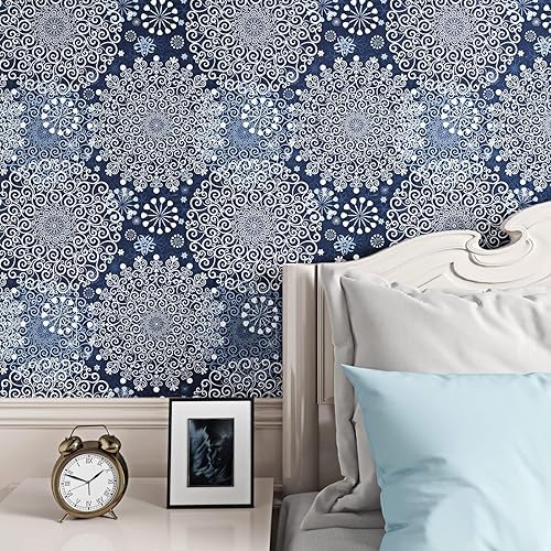 Miniatura 9 de Papel tapiz de papel tapiz bohemio azul bohemio para despegar y pegar, papel de contacto para paredes, 17.5 pulgadas x 10 pies, rollo de papel de
