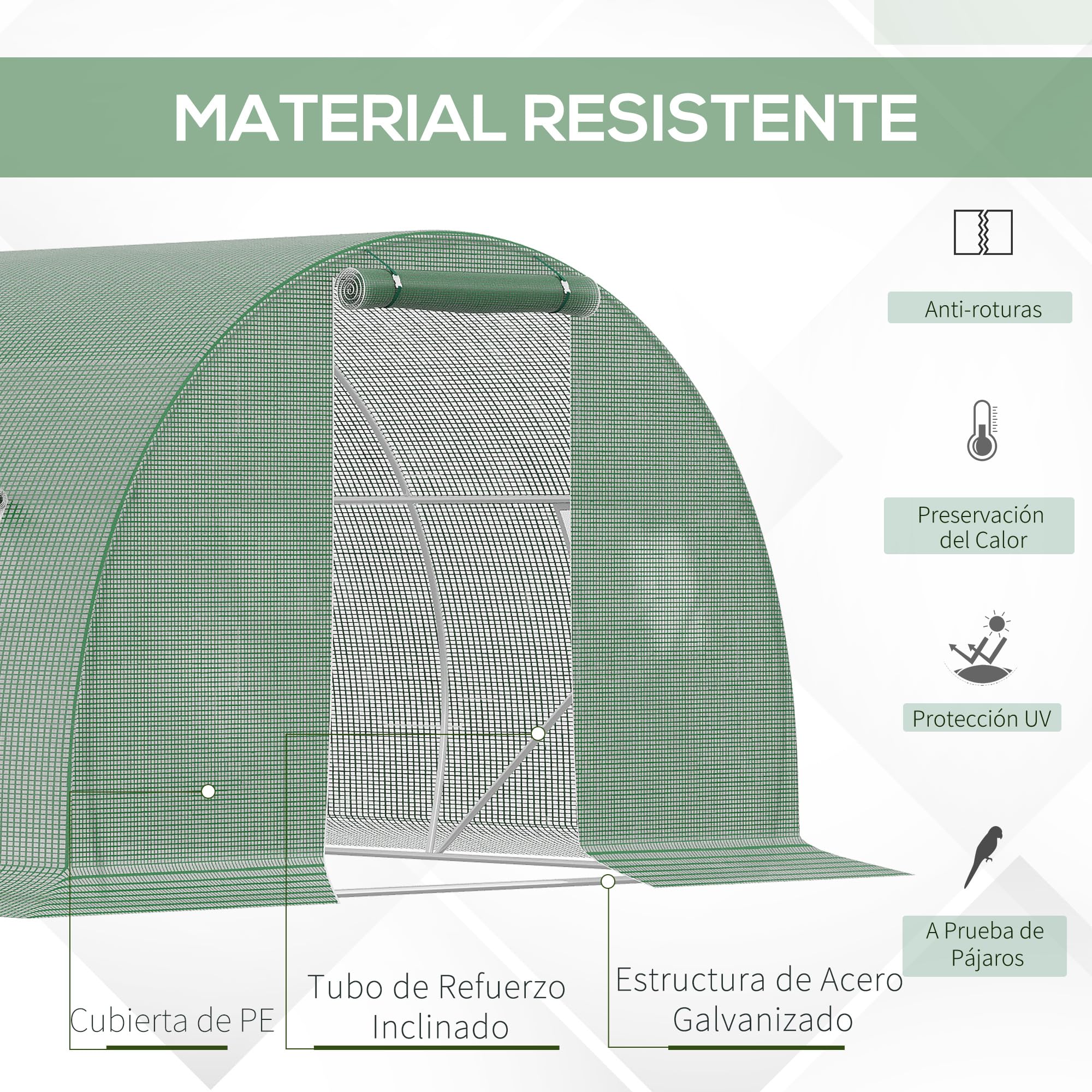 Outsunny Invernadero de Exterior 4,5x3x2 m, Invernadero de Túnel con Puerta Enrollable, 6 Ventanas de Malla, Cubierta PE 140g/m² y Marco de Acero Galvanizado, Anti-UV Impermeable, para Cultivos, Verde