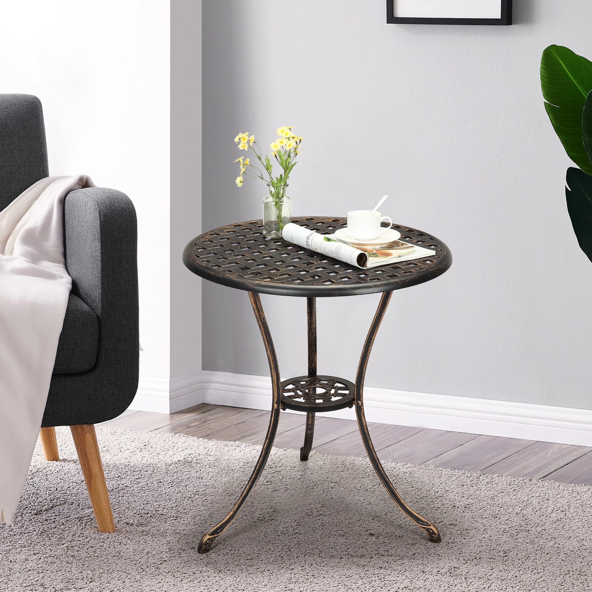 Zstar Table de Jardin Ronde en Fonte d'Aluminium avec Trou de Parasol 5 cm Table de Bistro Extérieure Vintage Ø61 cm pour Balcon Terrasse Patio Jardin Bronze