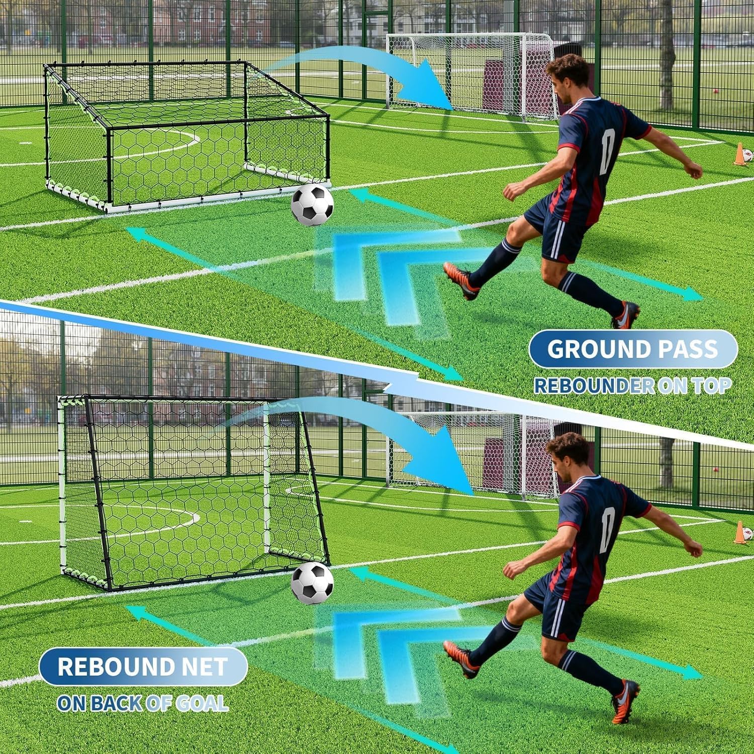 5-in-1 Soccer Ball Rebound Net Goal, 7x5 ft Goal and Rebound Trainer for Passing, Ball Control, Curveballs, and Shooting, Durable Steel Frame and high-Strength Rebound net, Suitable for All Ages