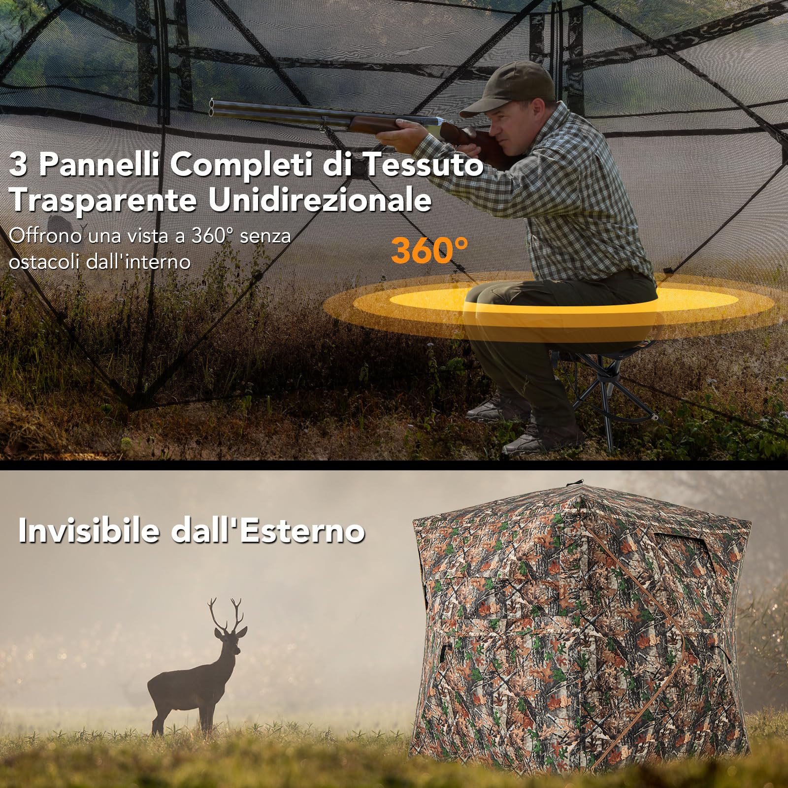 COSTWAY Tenda da Caccia 5 in 1 per 2-3 Persone, Tenda Mimetica a Visione a 360° per Caccia, Tenda Pop-Up Camouflage con Borsa da Trasporto, Attrezzatura Caccia Funzione da Recinto, 148 x 148 x 164 cm