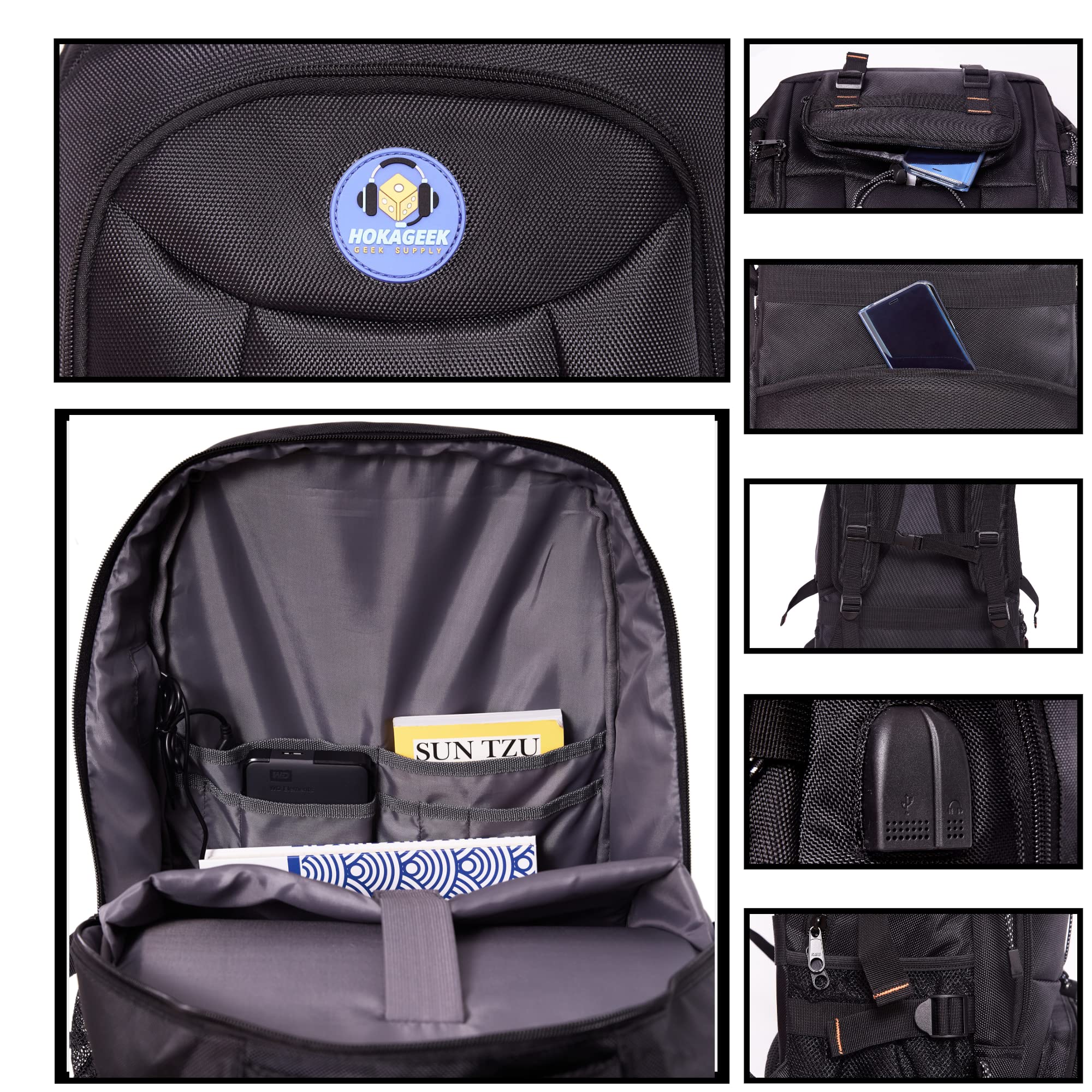 HOKAGEEK JIGEN Zaino per computer portatile da 17,3" 45L con porta USB e jack audio per business da viaggio escursionismo multifunzione, Nero , L 52 X l 34 X P 22 cm (20.4 X 13.3 X 8.6 In), Zaino da