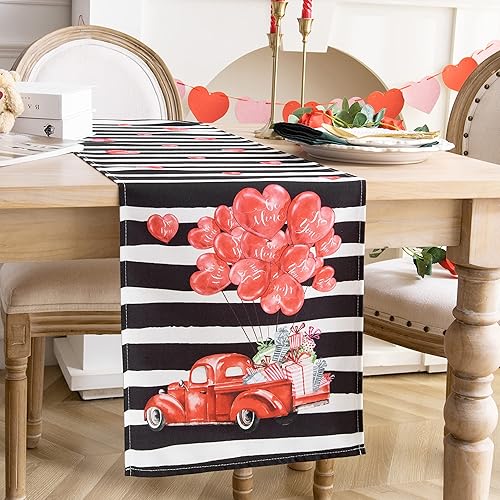 Joyfol Day Camino de mesa con diseño de corazón y rayas para el día de San Valentín 13 x 72 pulgadas para mesa de café globo rojo de lona para el