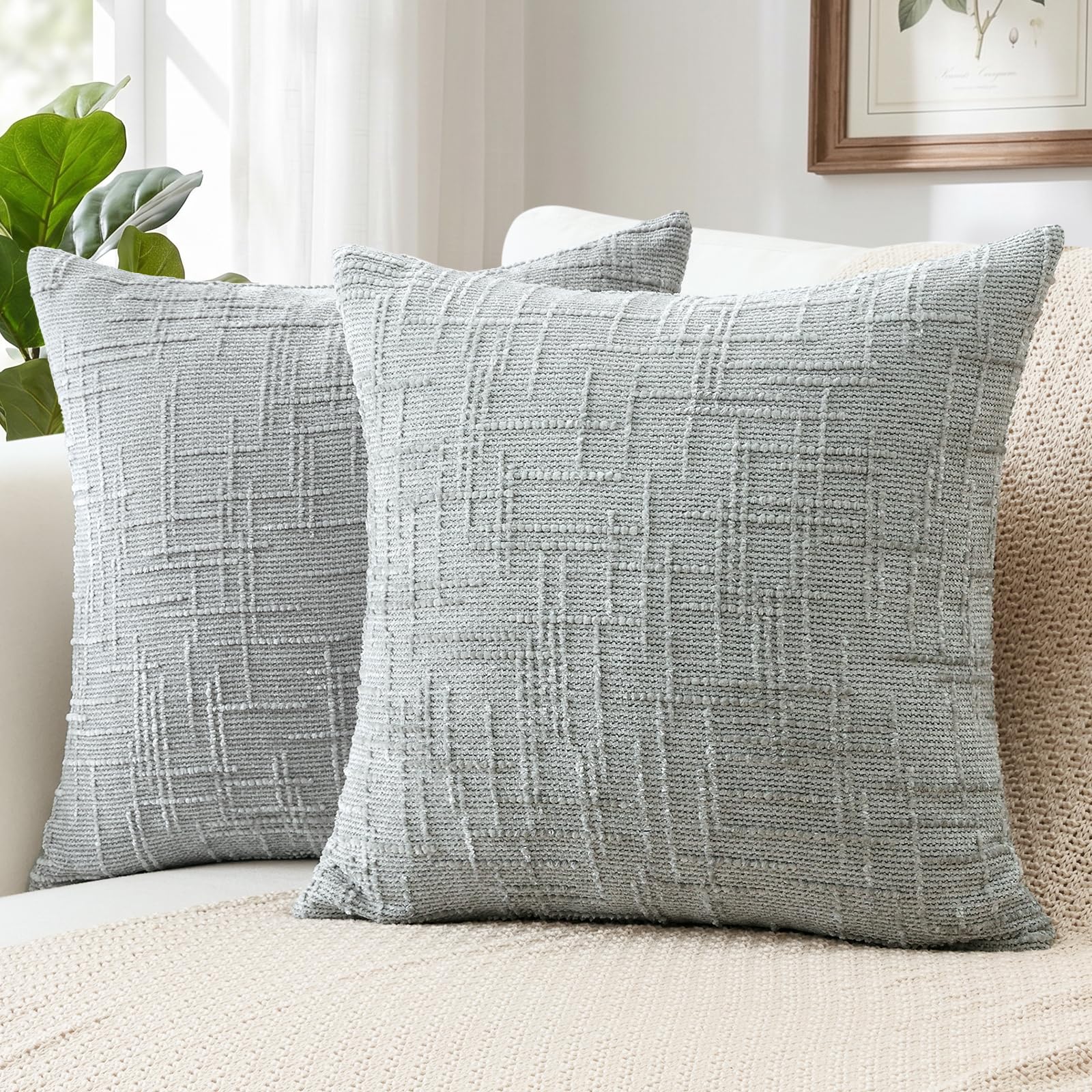 Sungeek Pack of 2 Chenille Textured Cushion Covers 60x60cm, Farmhouse Solid Dyed Throw Pillow Case Cover, Decorative Square Cushion Case for Home Decor Couch Sofa Bed Living Room, Grey — image 1