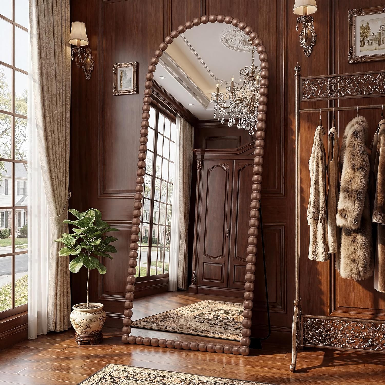 Antok Floor Mirror, 57"×21" Vintage Full Length Mirror Beaded Full Body Mirror with Stand, Hanging Mounted for Bedroom Living Room Cloakroom,Brown,Luxury Style - Image 5