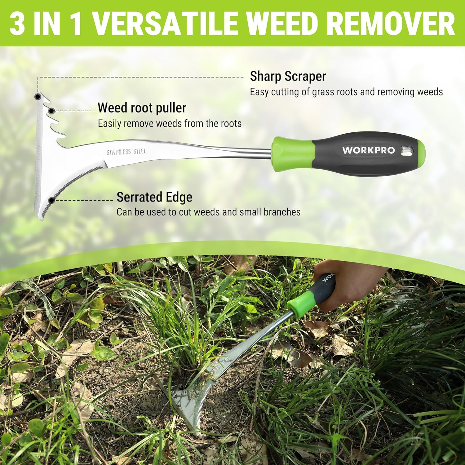 WORKPRO 3-Piece Weed Puller Tool Set – 15" 6-Tine Weed Remover, 12" Hand Weeder, 12.5" Crack Weeder, Stainless Steel with Ergonomic Handle for Lawn, Garden, Yard