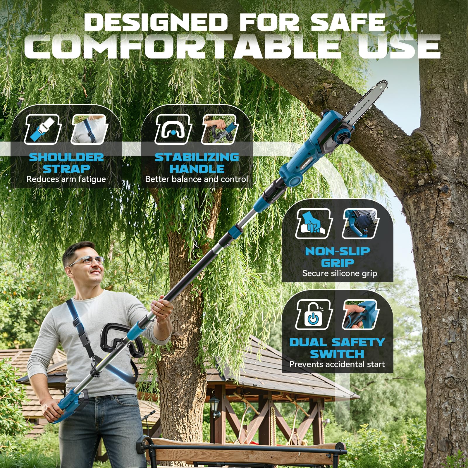 LIVOWALNY Akku Hochentaster kompatibel mit Makita 18V Akku, 8 Zoll Kettensäge mit Teleskopstange 2,1–2,7 m, 26 ft/s, automatischer Ölung, werkzeuglose Kettenspannung, 0–45° Schneidkopf (ohne Akku)