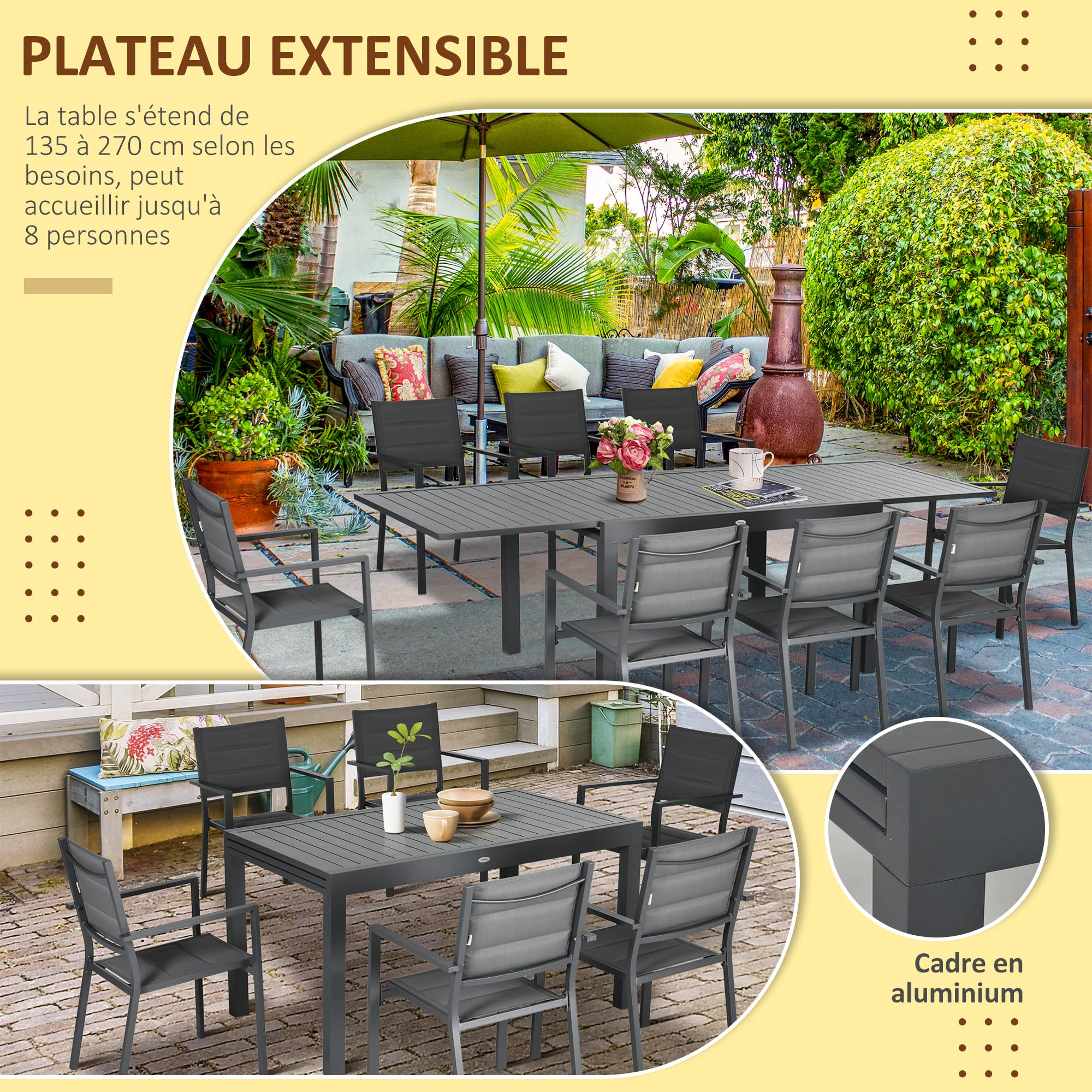 Outsunny Salon de Jardin Exterieur 8 Personnes Table de Jardin Extensible 135-270 cm pour 6-8 Personnes en Aluminium et textilène - 8 chaises empilables - Gris