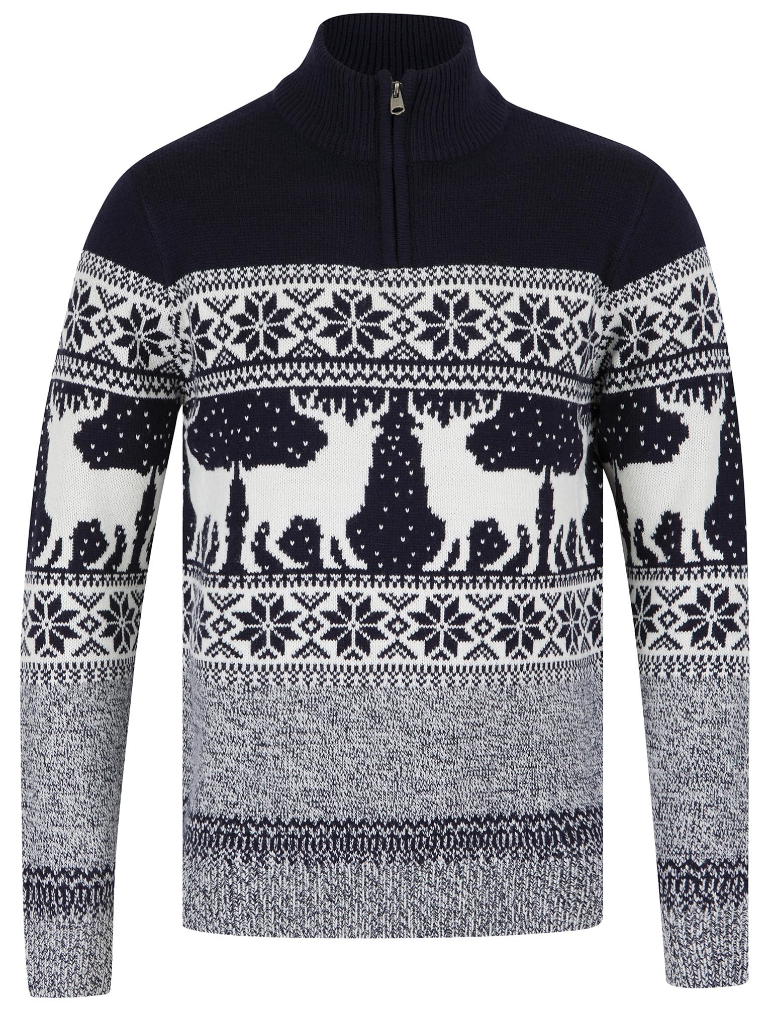 Tokyo Laundry Men's Gullfoss - Ink Merry Christmas Nordic Fair Isle Jacquard Knit Jumper With Quarter Zip Funnel Neck