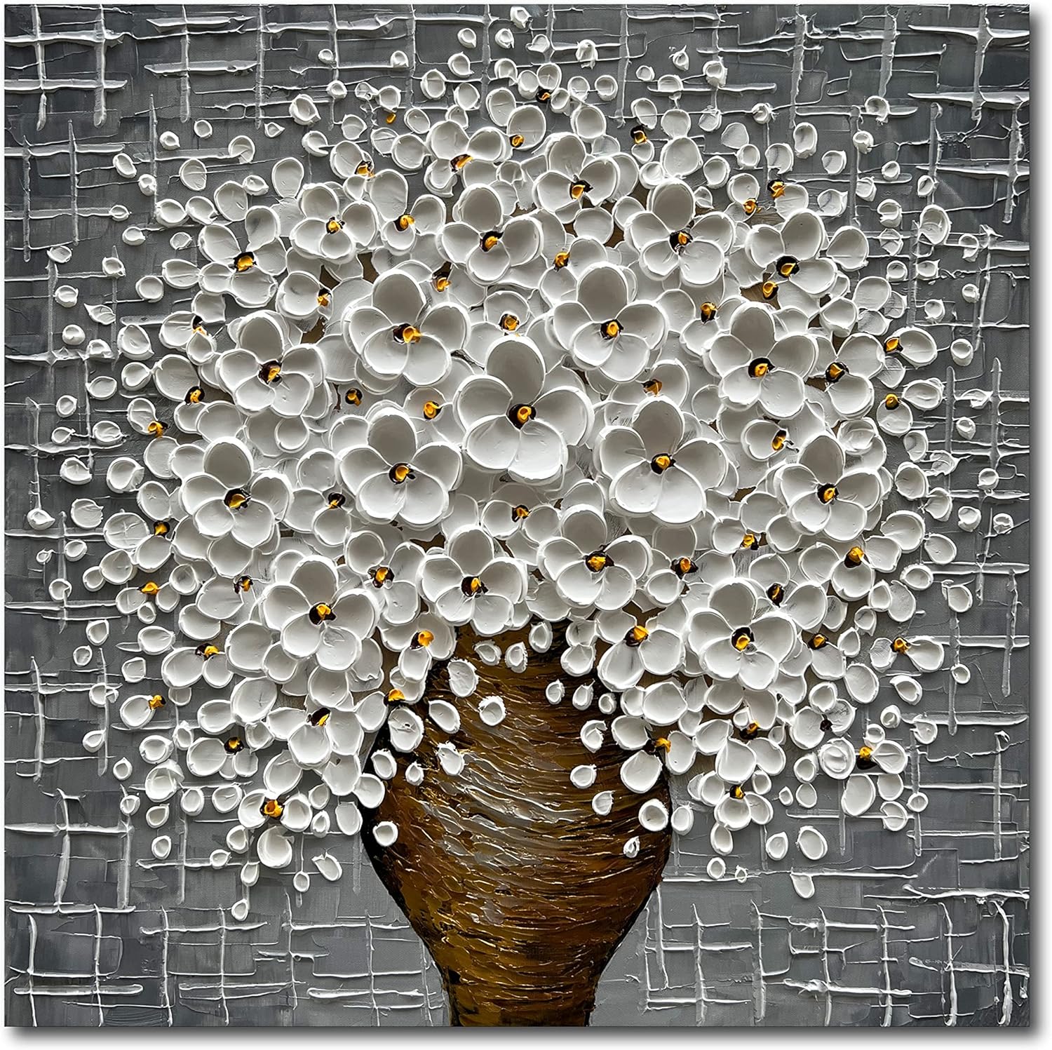Epicler 20x40 Hand-Painted Painting for Wall Decoration, White Bouquet in vase, Home Wall Decoration.