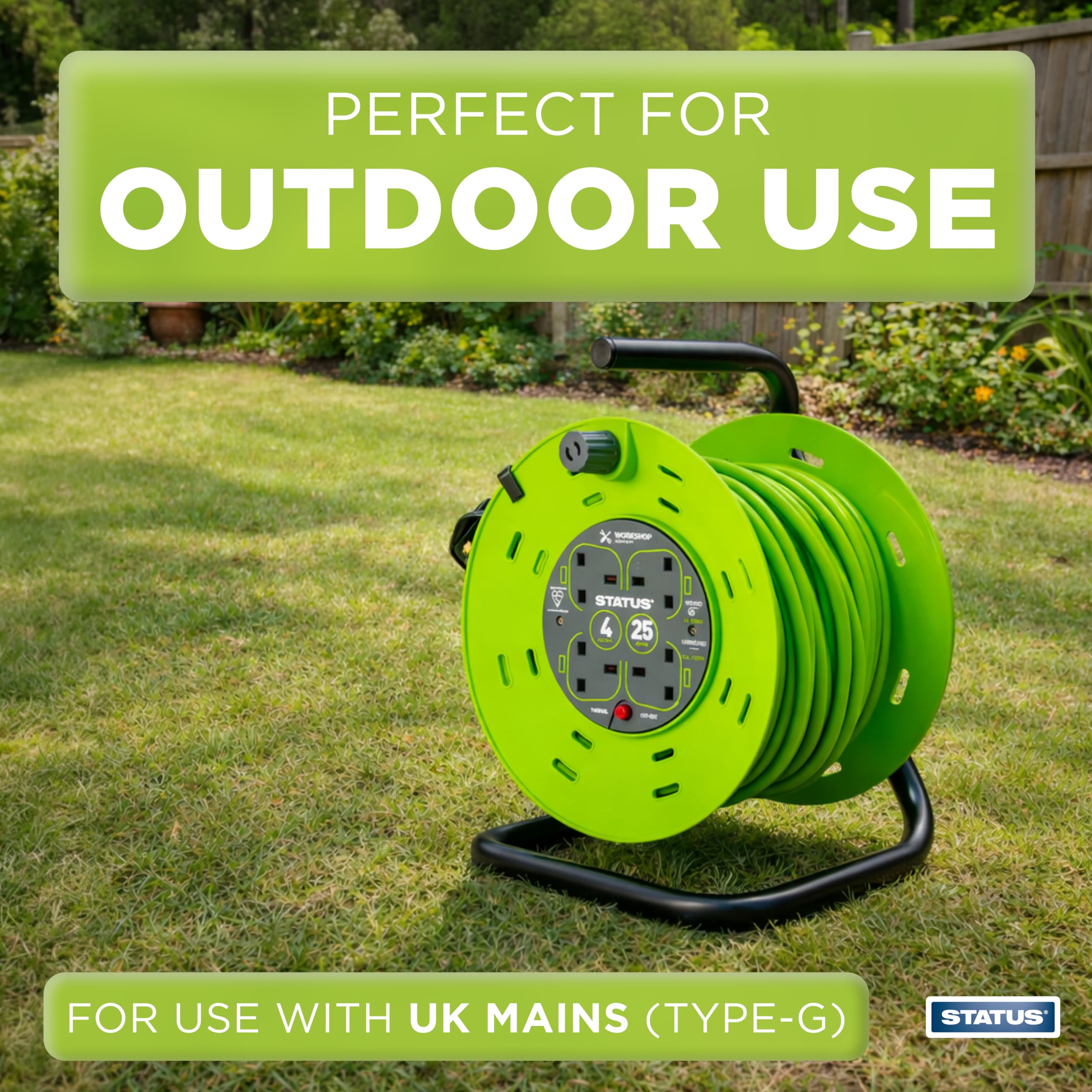 Status STATUS 4 Socket Cable Reel, 25m, Green, 13 Amp, Thermal Cut Out, Heavy Duty, Outdoor Extension Lead, Ideal for Garden, Workshop, DIY, Power Tools (S25M13ACR2) in use