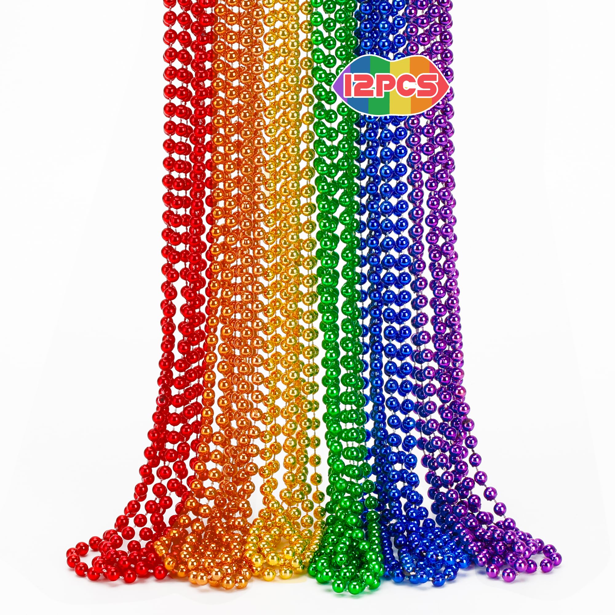 EOBOH 12PCS Pride Accessories, Pride LGBTQ Beads Necklace Stuff, Metallic 6 Kinds of Rainbow Necklace Bulk, Gay Lesbian LGBT Costumes Decorations for Pride Month Parade Throws Party Favors