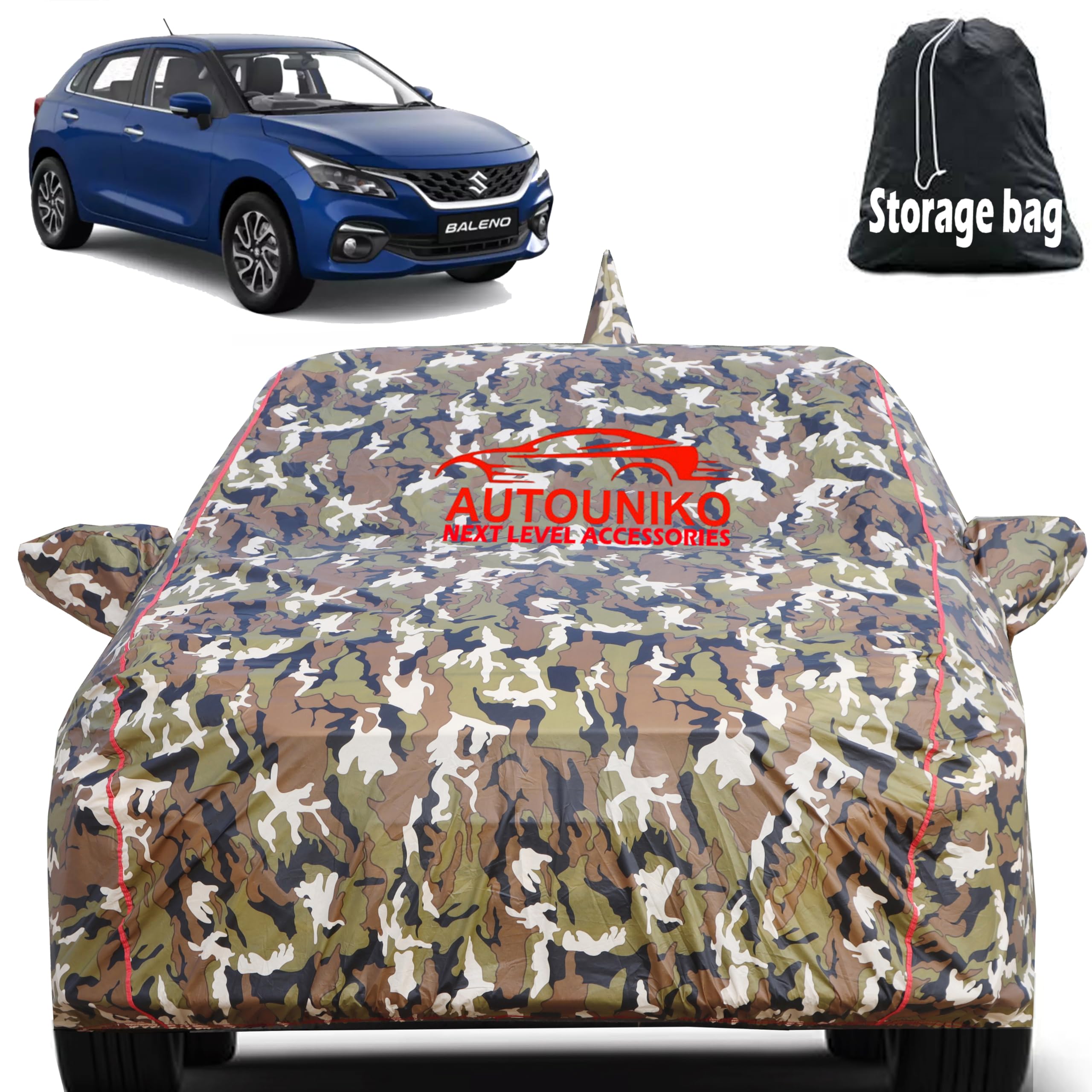 AUTOUNIKO Waterproof Car Body Cover for Maruti Suzuki Baleno with Mirror and Antenna Pocket and Soft Cotton Lining (Full Bottom Elastic Triple Stitched) (Jungle Print with Red Piping) (B0CN95Q1SN) Amazon Price History, Amazon Price Tracker