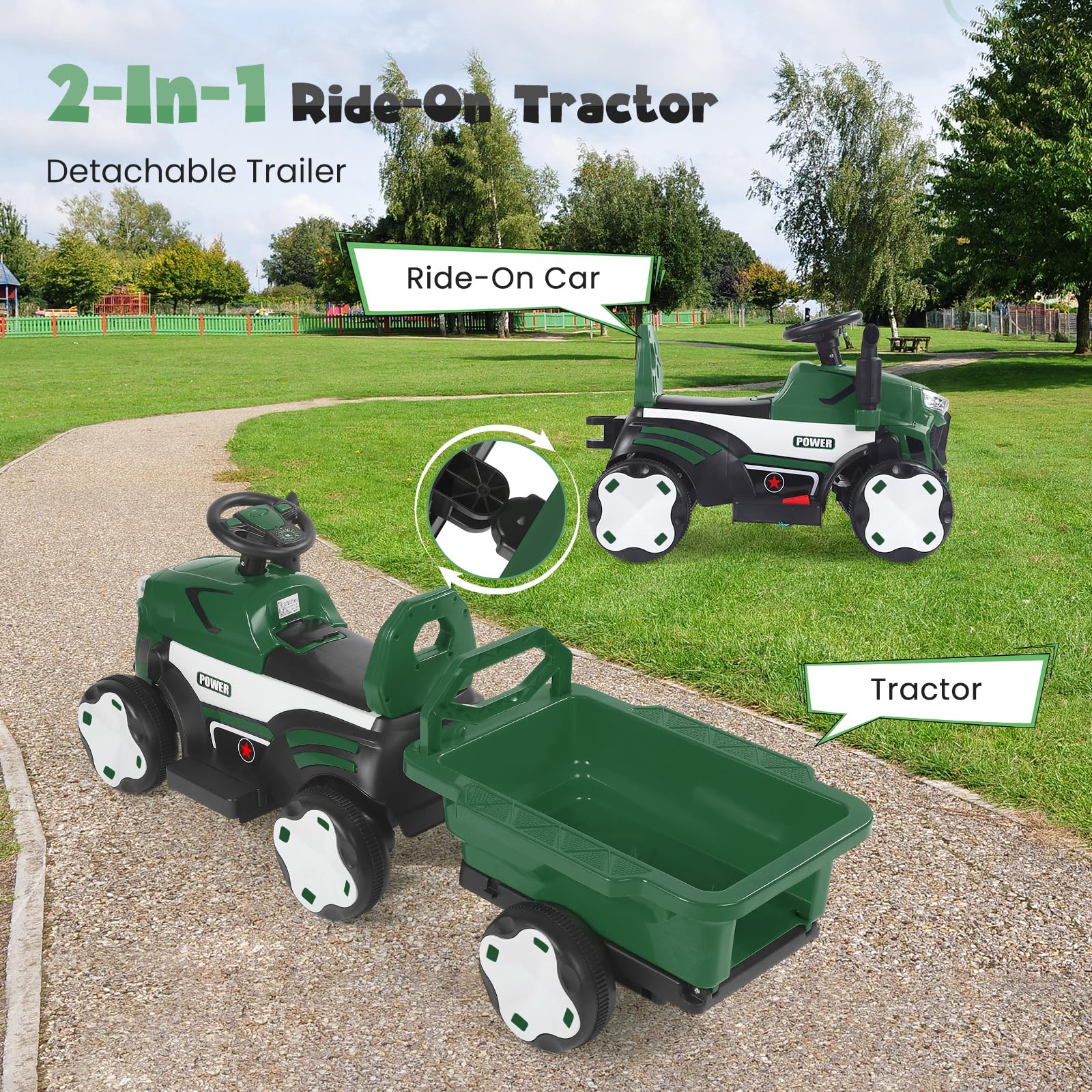Trattore 6V a 3 velocità con rimorchio staccabile e telecomando 2.4G, trattore cavalcabile per bambini con luci a LED, musica, clacson e funzioni USB, adatto ai bambini (verde)