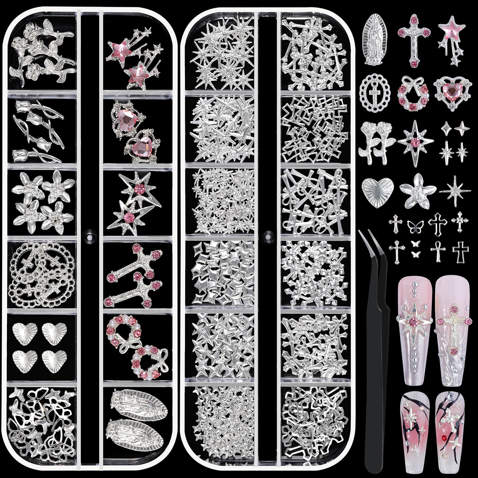 2 Boxes Silver Nail Art Charms, 3D Flower Butterfly Cross Nail Gems and Charms for Nails Design Flatback Metallic Heart Star Nail Jewelry Rhinestones Nail Supplies with Tweezers for Women DIY Craft-image-35