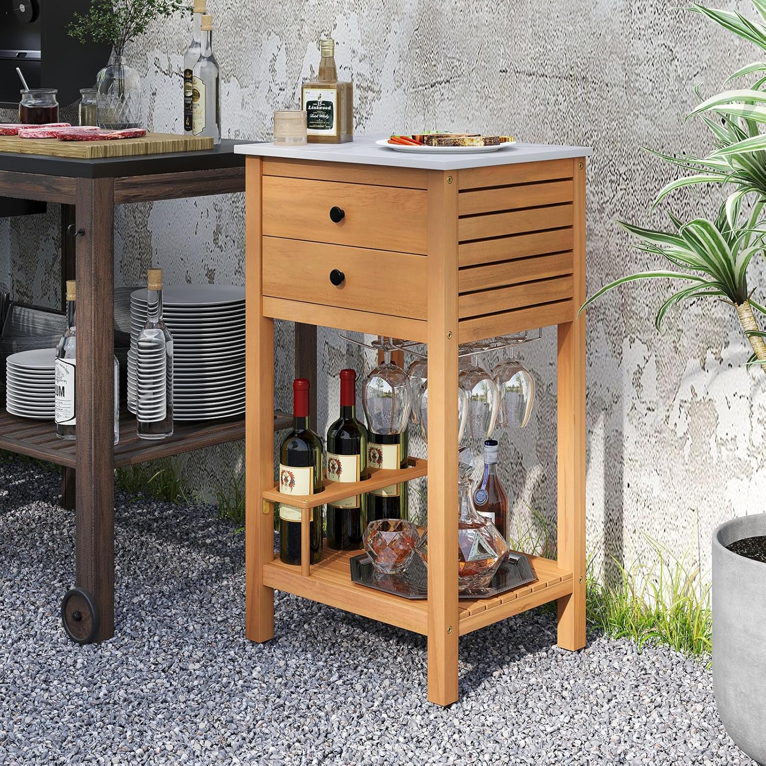 Goplus Outdoor Side Table, Acacia Wood Bar Table w/Marble-Like Countertop, 2 Storage Drawers, Bottom Shelf, Glass & Wine Holders, Small Buffet Sideboard for Patio, Backyard, Garden, Deck Corner