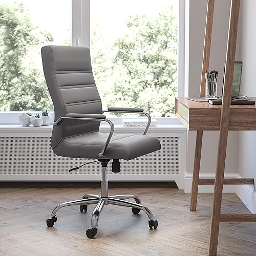 EMMA + OLIVER Silla de escritorio giratoria de piel sintética con respaldo alto y ruedas, asiento acolchado y reposabrazos, altura ajustable, silla