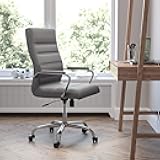 EMMA + OLIVER Faux Leather High-Back Swivel Home Office Desk Chair with Wheels, Padded Seat, and Armrests, Adjustable Height Multipurpose Office Chair, Gray/Chrome