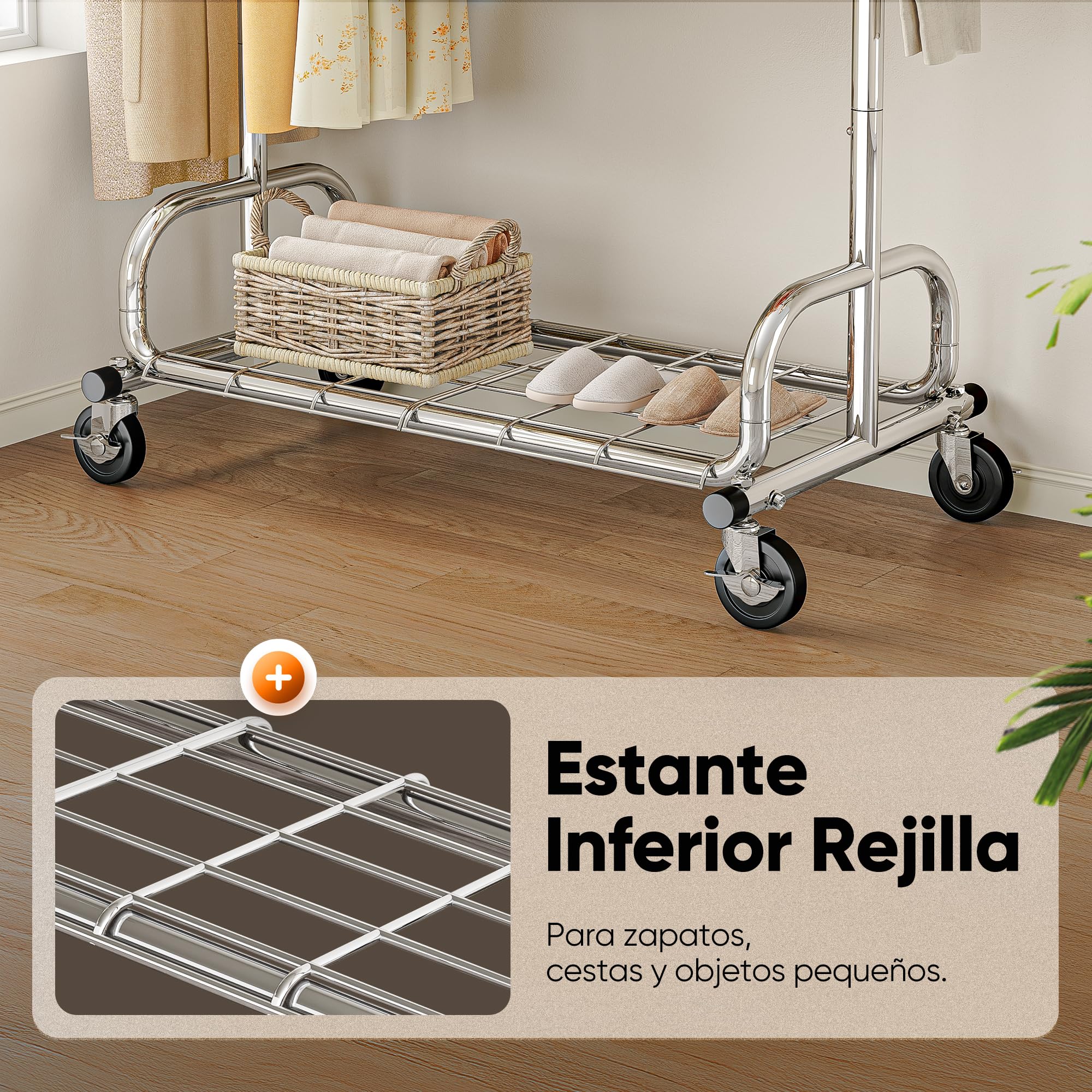 HOKEEPER Burro de Ropa Resistente 136kg, Barra Extensible con Ruedas Bloqueables y Estante, Ahorra Espacio para Dormitorio, Apartamento Pequeño, Lavandería, Plateado