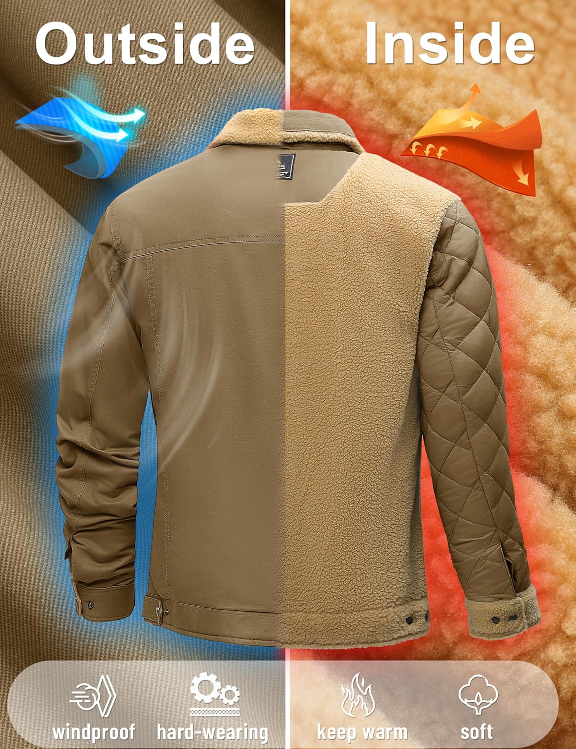 TACVASEN Mens Winter Jacket Thick Thermal Sherpa Jacket Warm Lapel Fleece Lined Coats Trucker Work Cargo Multi Pockets - Image 4