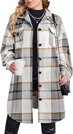 Zeagoo Womens Plus Size Flannel Plaid Button Down Shirts Long Sleeve Lounge Lapel Tartan Shacket Jacket Long Coats 2024