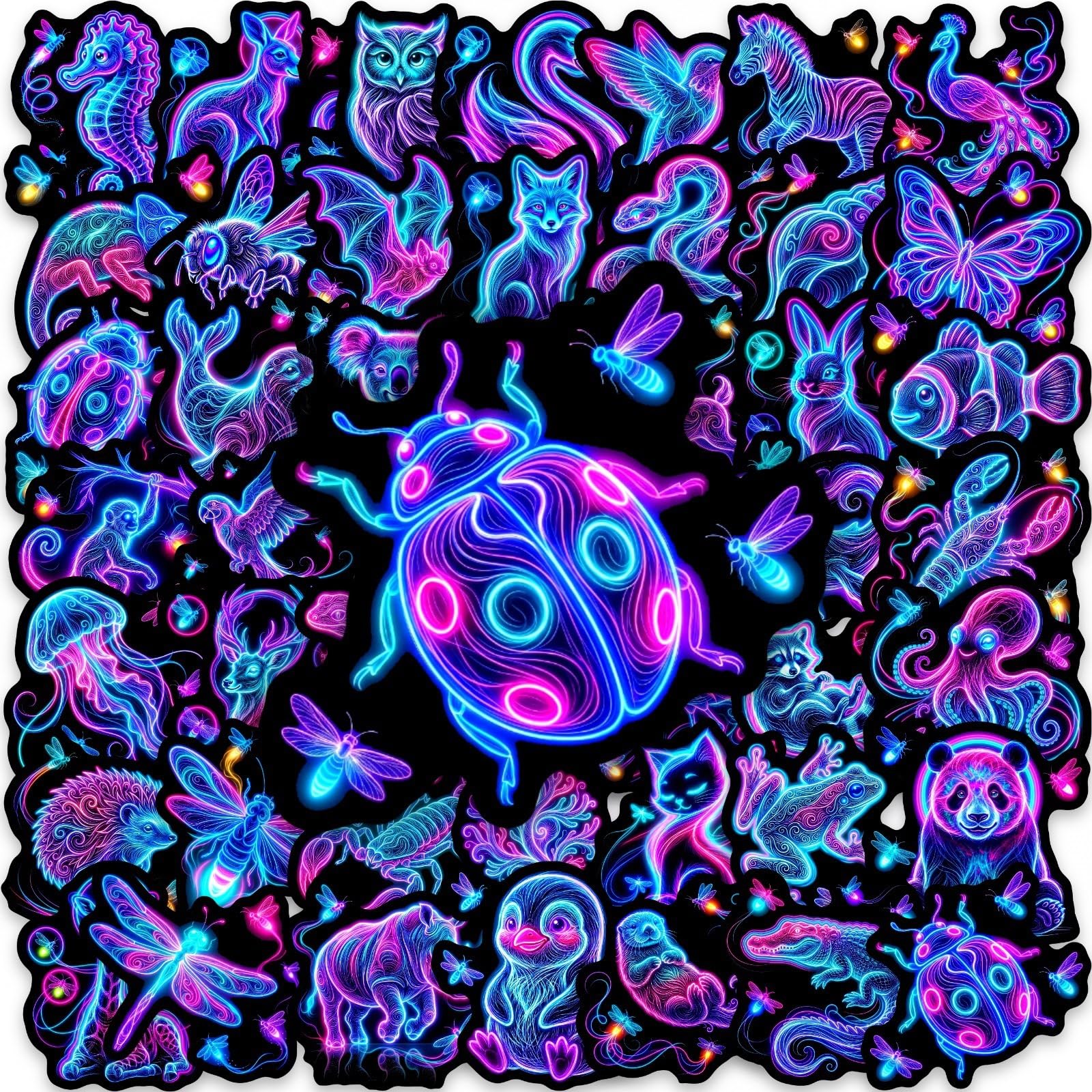 50Pcs Neon Line Art Animal Stickers Vibrant Vinyl Decals for Laptops Skateboards Luggage Helmets Bikes and Phones Fans Lovers and Bold Vibe Enthusiasts — image 1