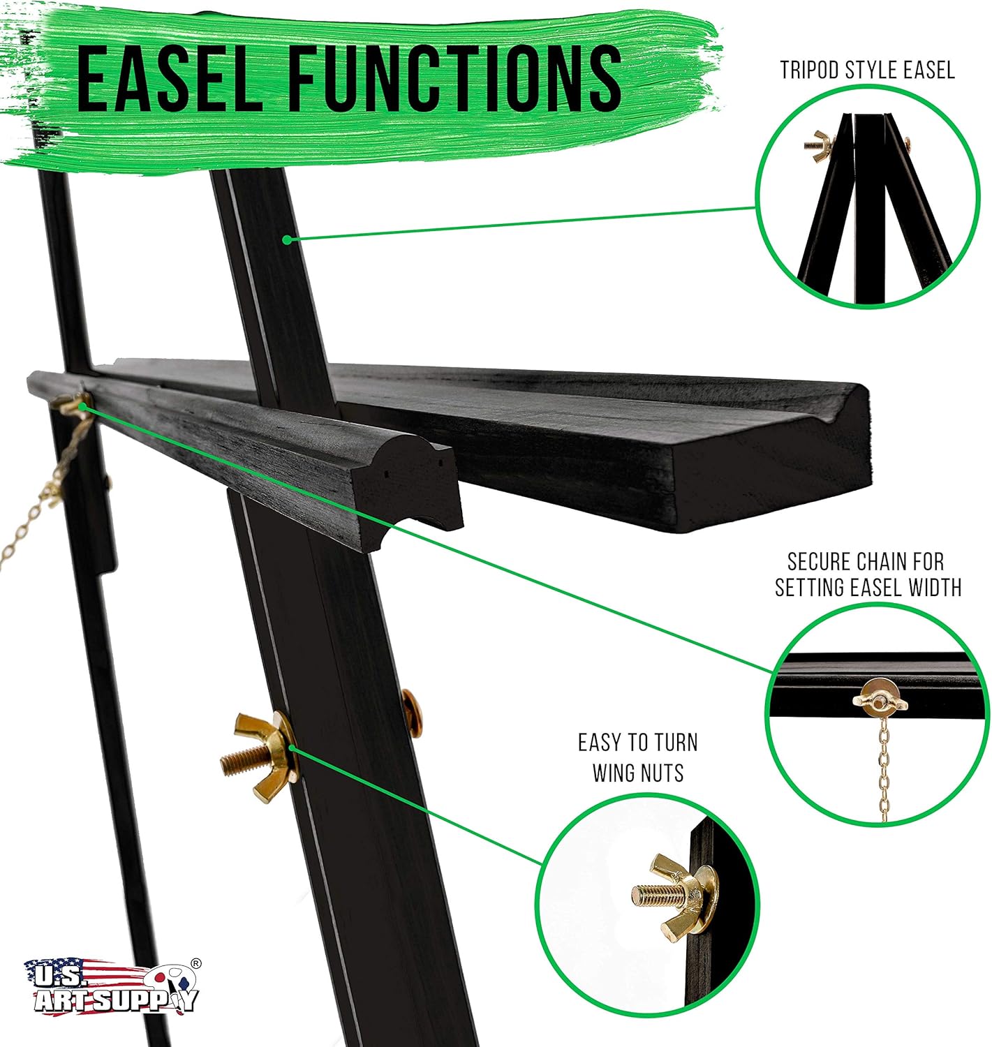 U.S. Art Supply 64" Black Wooden Easel Stand - Adjustable A-Frame Tripod for Painting, Drawing, Photos & Signs - Lightweight Easels, Wood Easel Stand for Sign Wedding Display 40" Canvas Capacity